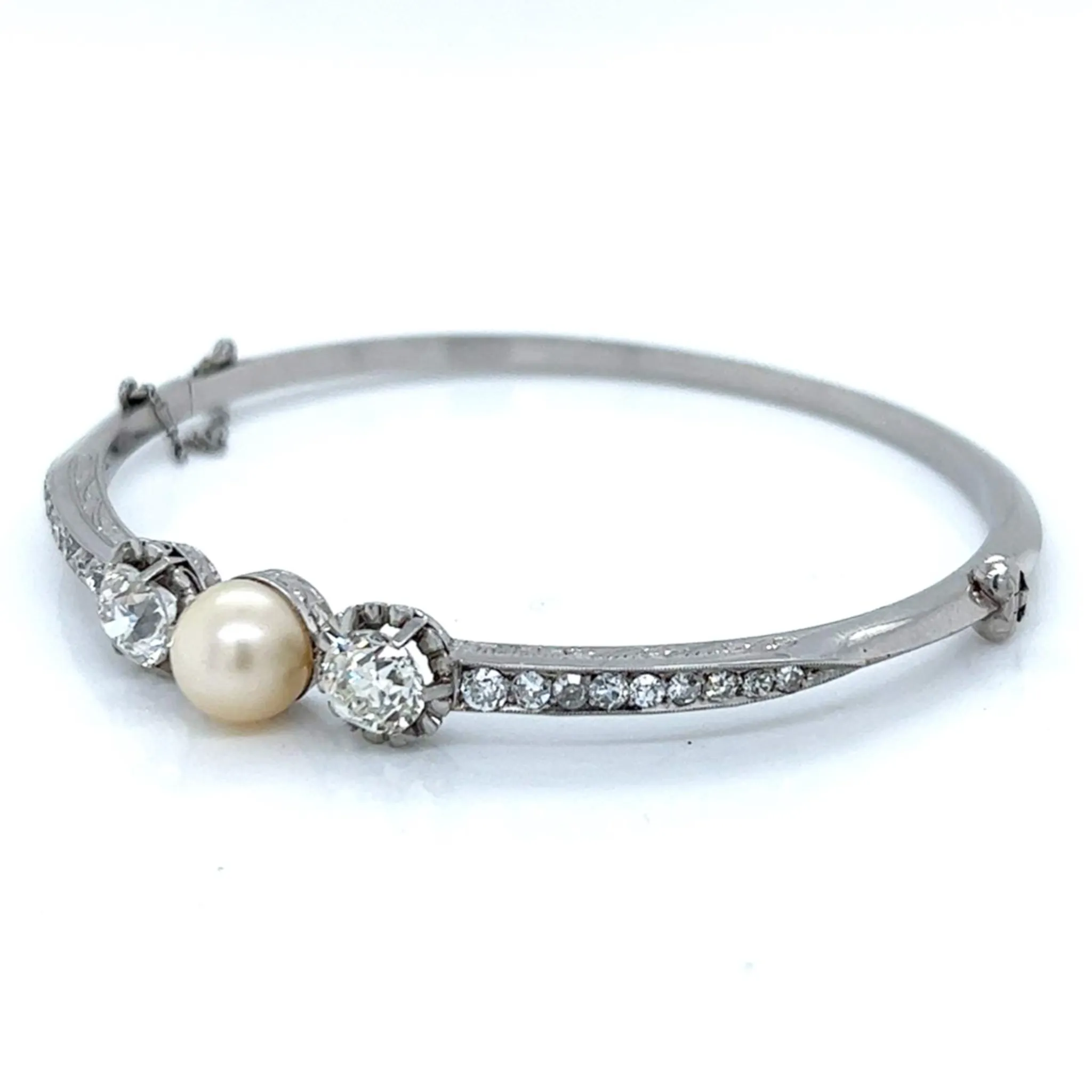 Antique Platinum Natural Pearl & Diamond Bangle Bracelet