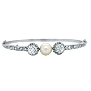 Antique Platinum Natural Pearl & Diamond Bangle Bracelet