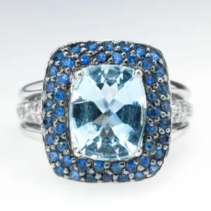 Aquamarine with Created Sapphire and White Topaz Accented Ring in 14K White Gold