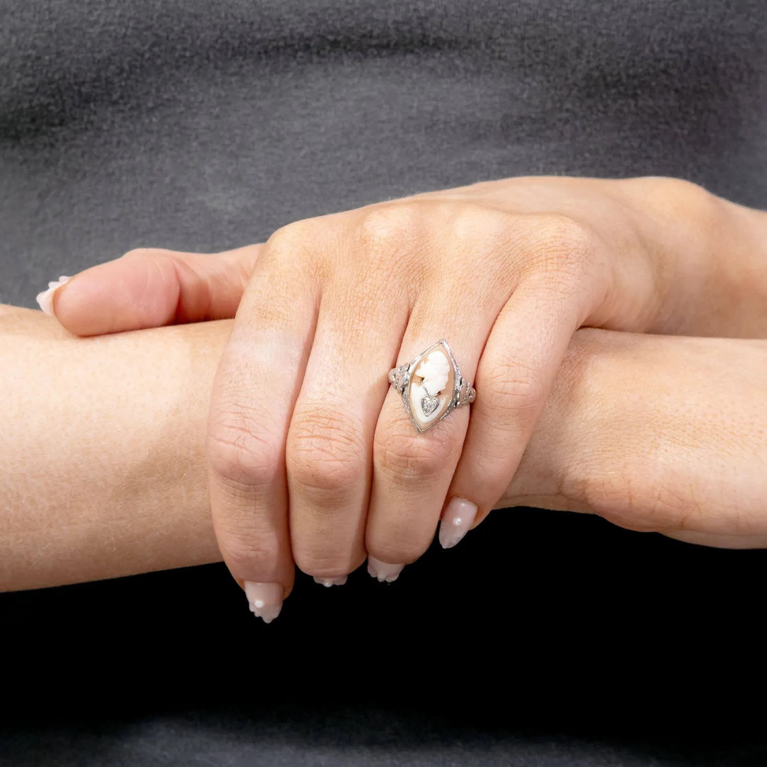 Art Deco 14k Diamond Cameo Navette Ring