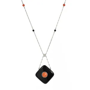 Art Deco Platinum & 18KT Yellow Gold Coral, Diamond & Onyx Pendant Necklace