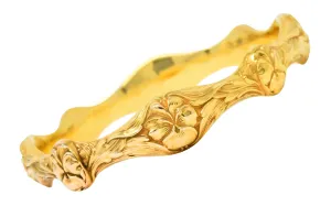 Art Nouveau 14 Karat Yellow Gold Pansy Flower Antique Bangle Bracelet
