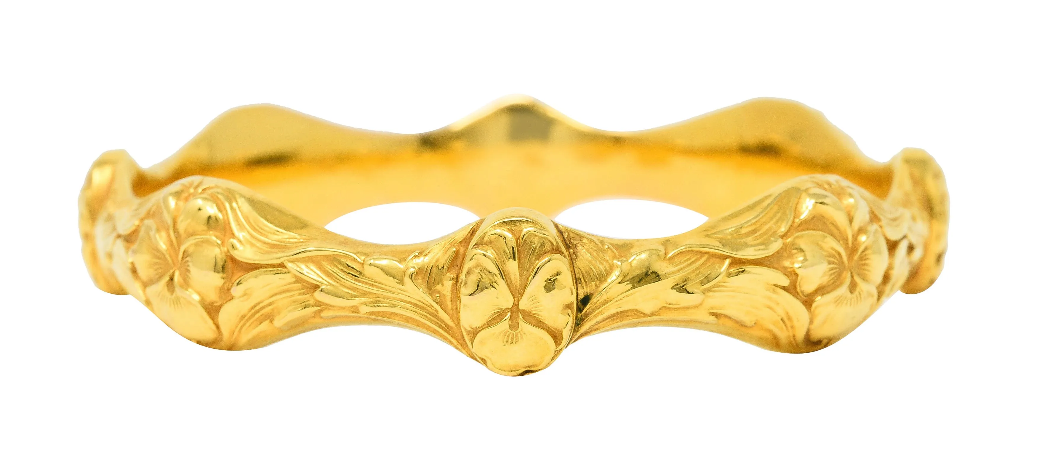 Art Nouveau 14 Karat Yellow Gold Pansy Flower Antique Bangle Bracelet