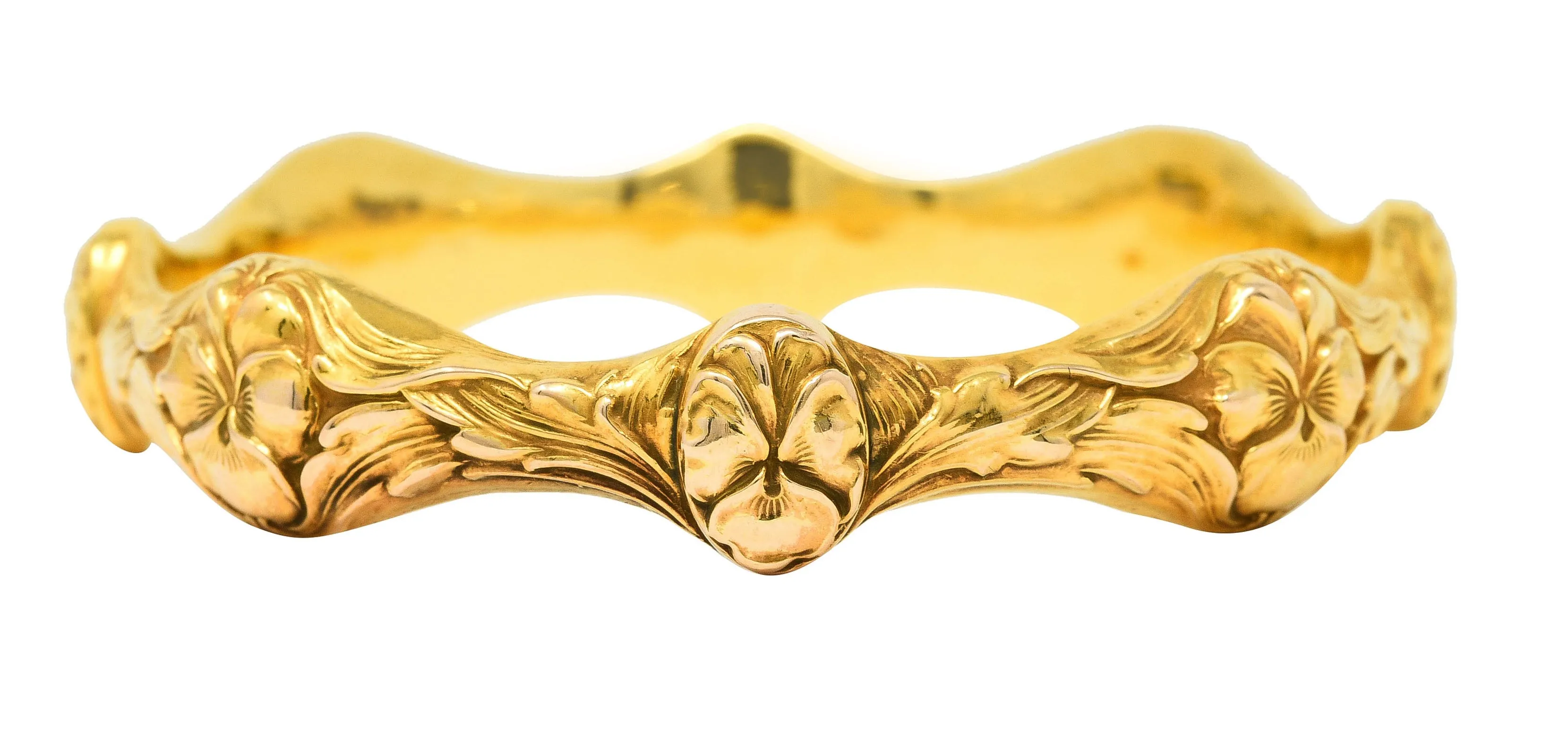 Art Nouveau 14 Karat Yellow Gold Pansy Flower Antique Bangle Bracelet