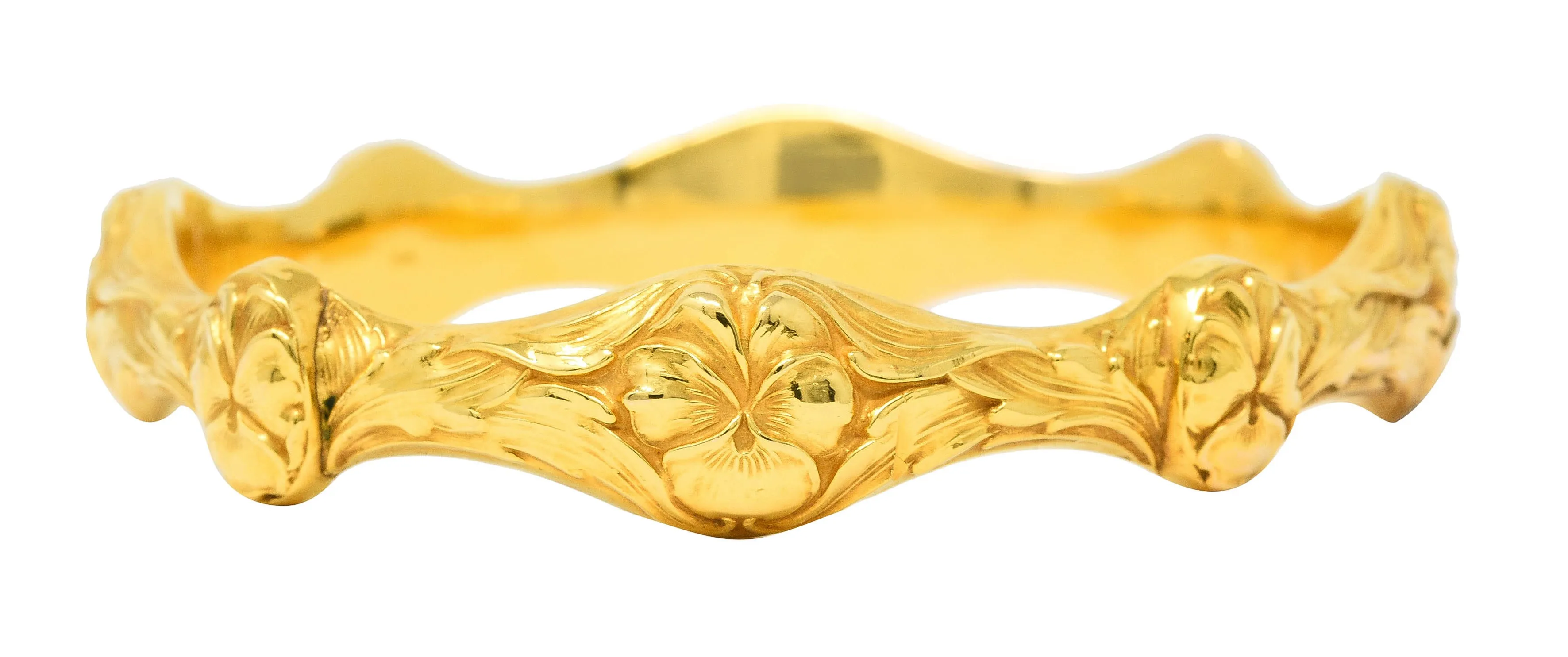 Art Nouveau 14 Karat Yellow Gold Pansy Flower Antique Bangle Bracelet