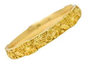 Art Nouveau 18 Karat Yellow Gold Poppy Flower Antique Bangle Bracelet