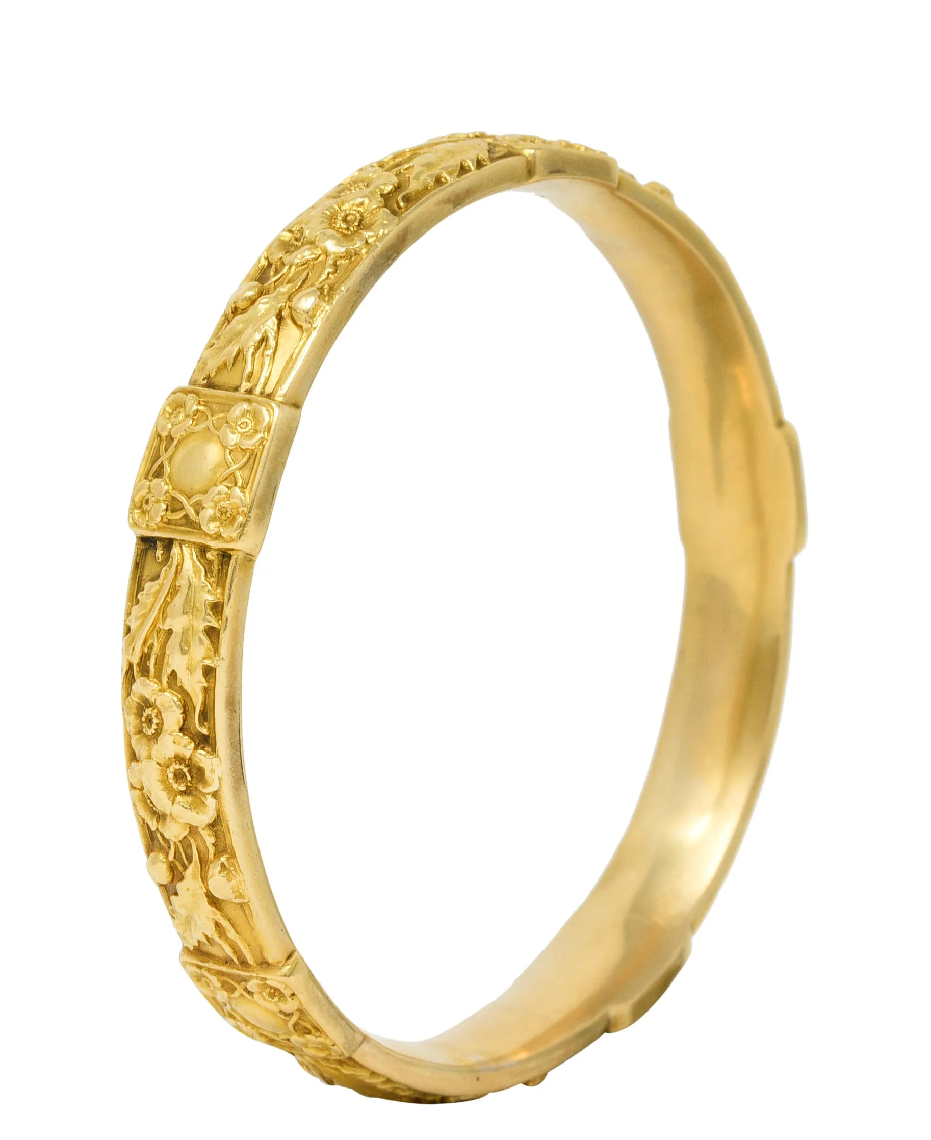 Art Nouveau 18 Karat Yellow Gold Poppy Flower Antique Bangle Bracelet