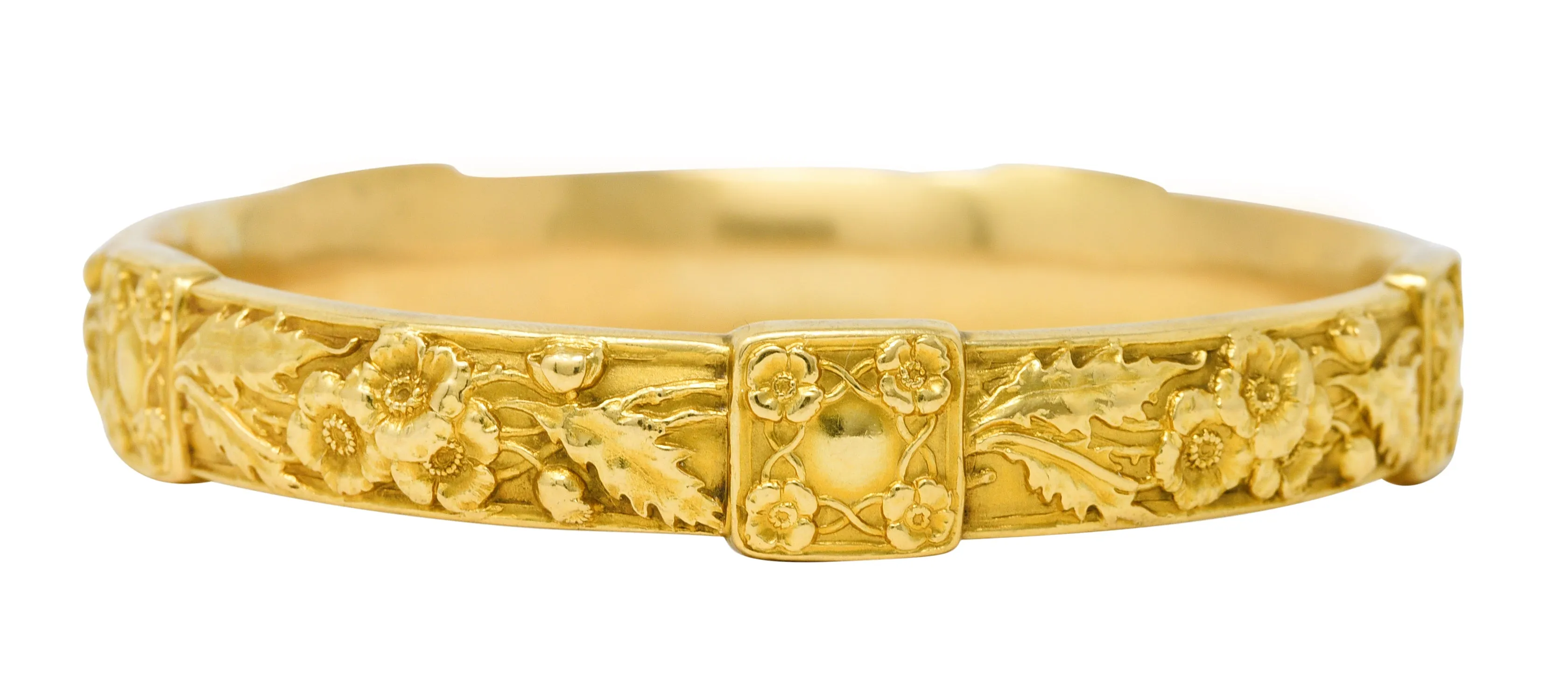Art Nouveau 18 Karat Yellow Gold Poppy Flower Antique Bangle Bracelet