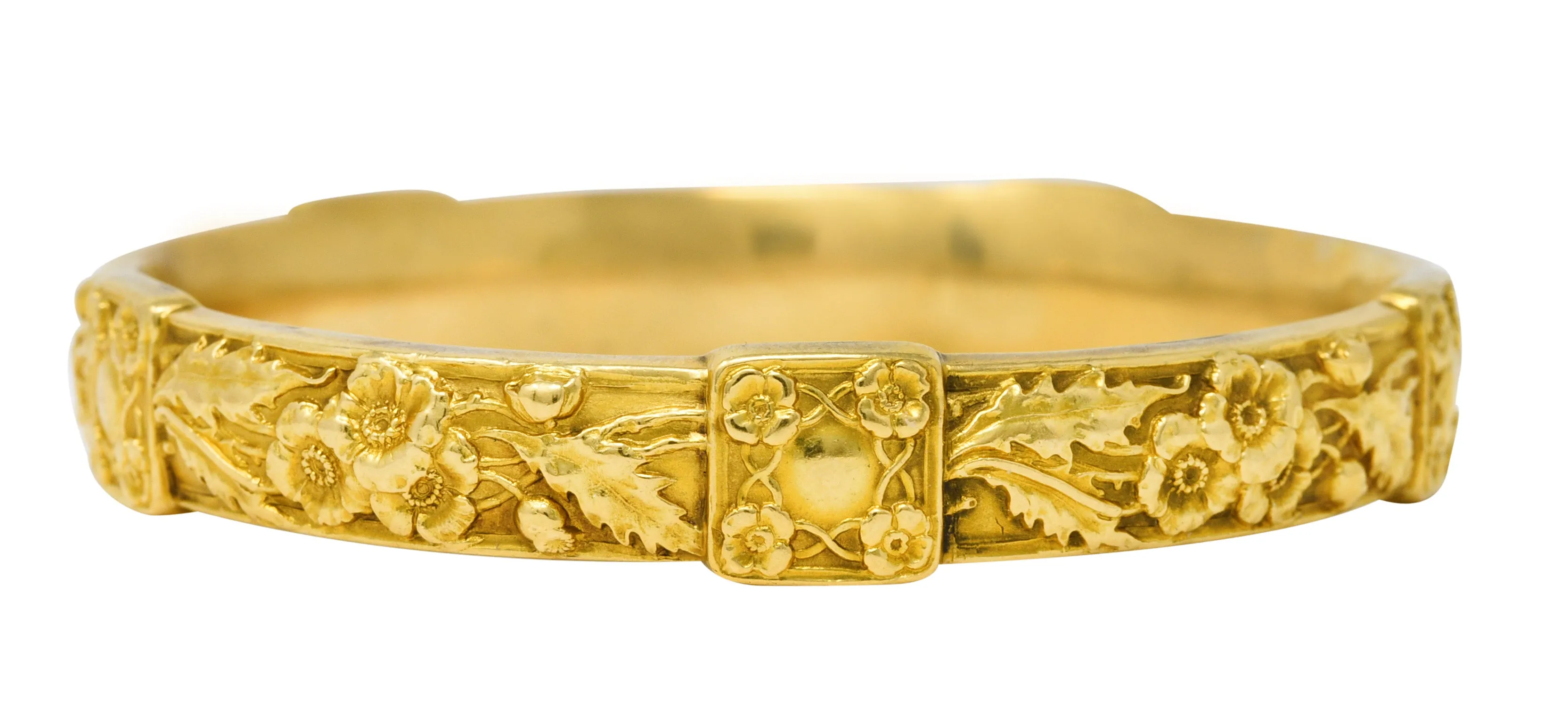 Art Nouveau 18 Karat Yellow Gold Poppy Flower Antique Bangle Bracelet