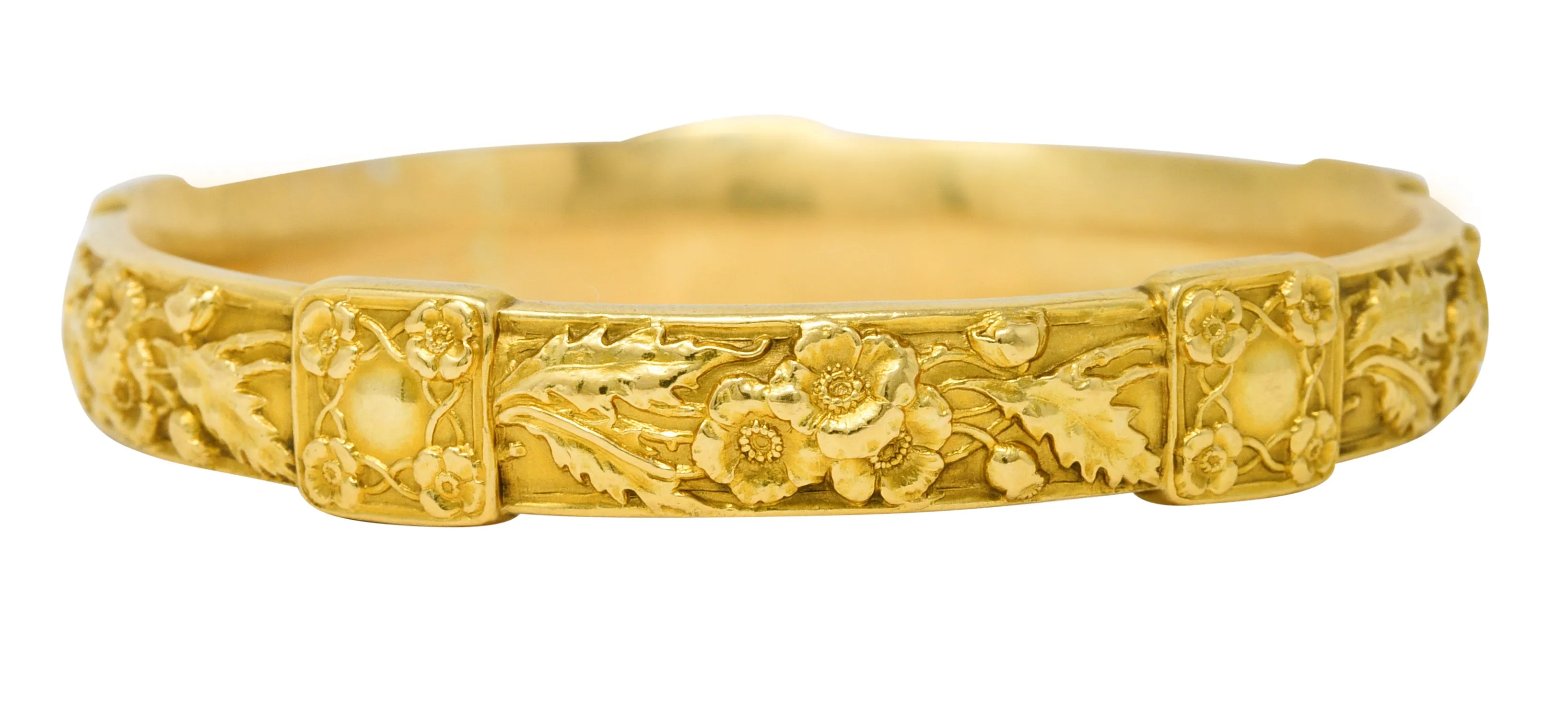 Art Nouveau 18 Karat Yellow Gold Poppy Flower Antique Bangle Bracelet