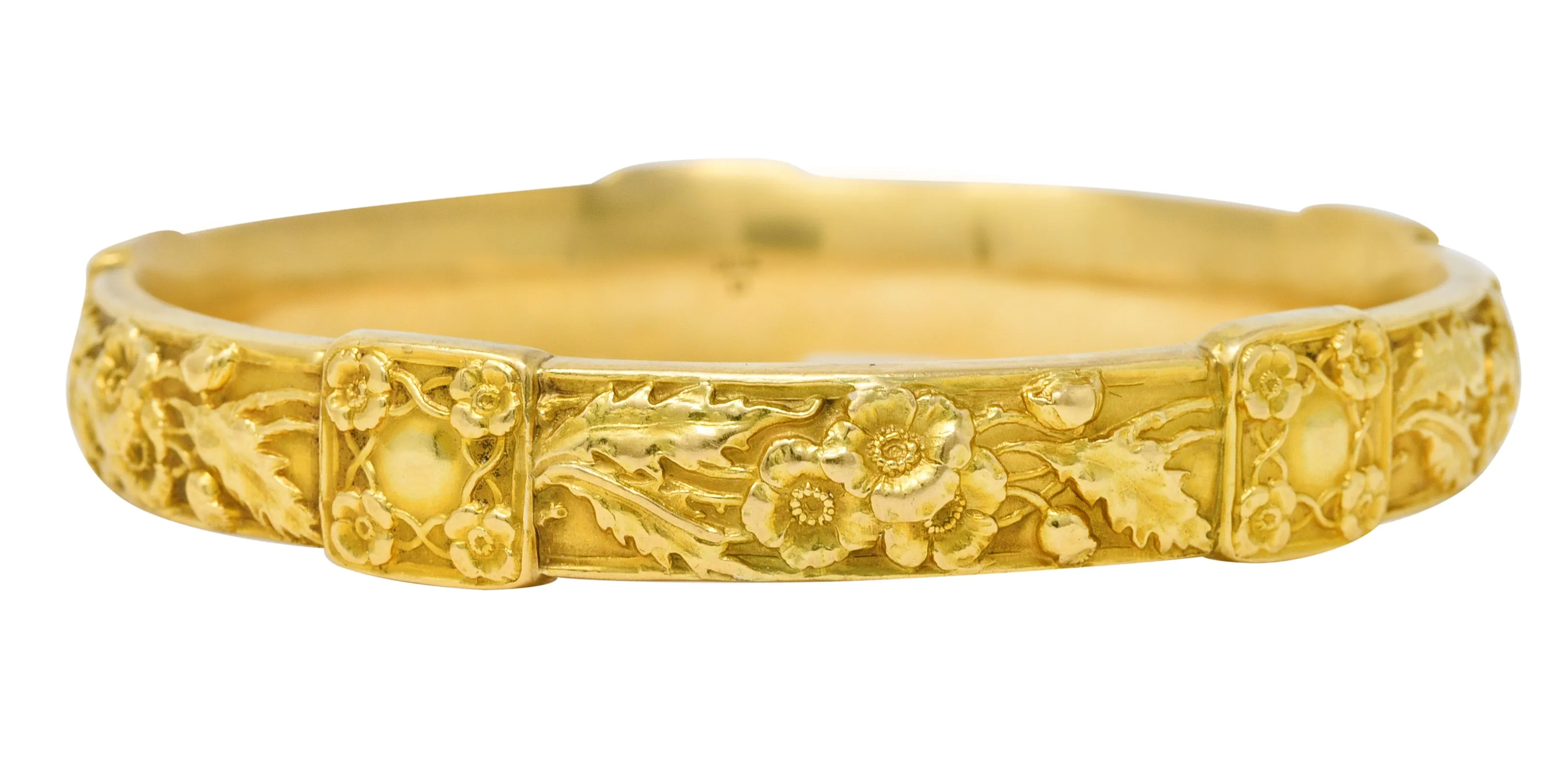 Art Nouveau 18 Karat Yellow Gold Poppy Flower Antique Bangle Bracelet