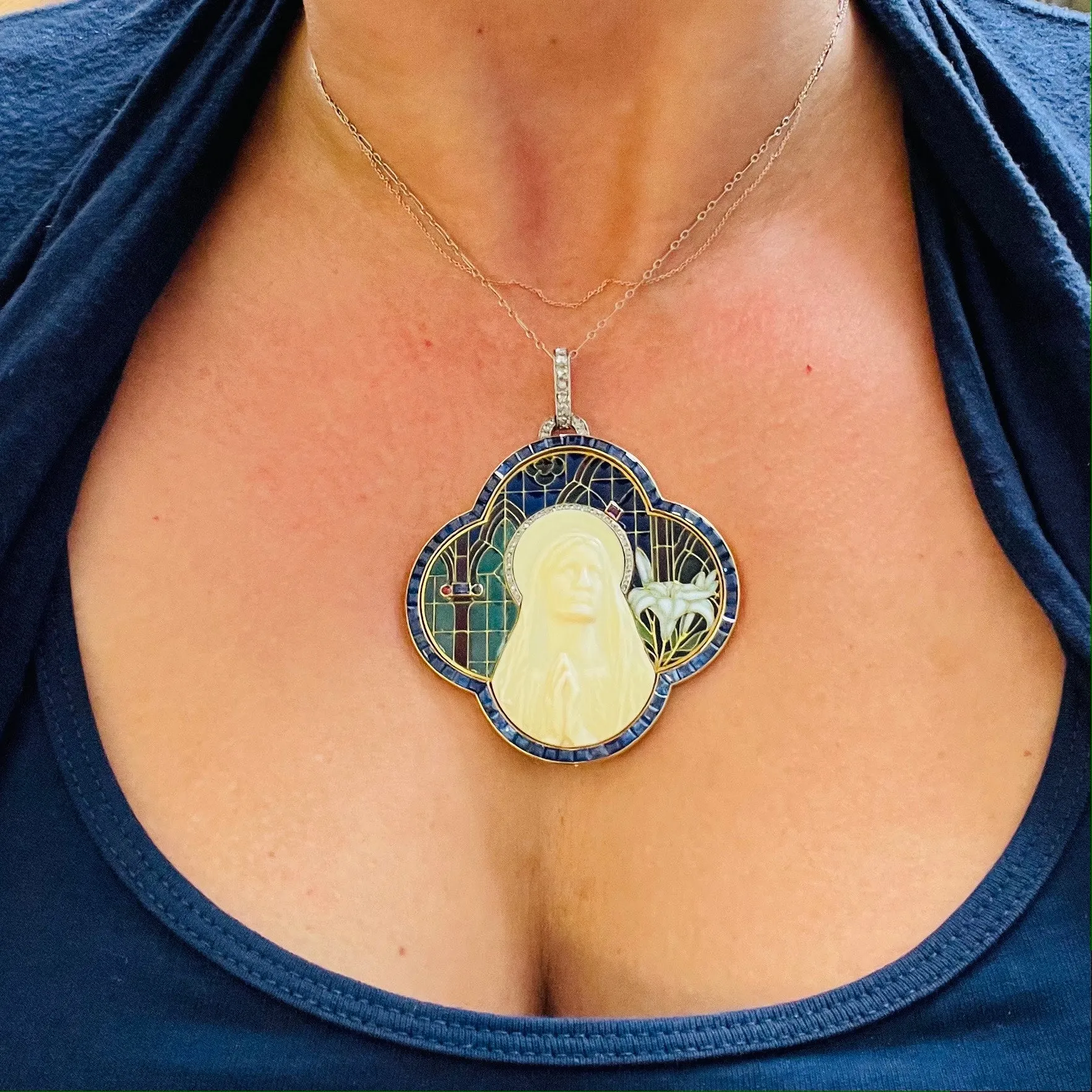 Art Nouveau 18KT Yellow Gold Enamel, Bone, Diamond, Ruby & Sapphire Plique  jour Madonna Pendant