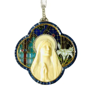 Art Nouveau 18KT Yellow Gold Enamel, Bone, Diamond, Ruby & Sapphire Plique  jour Madonna Pendant
