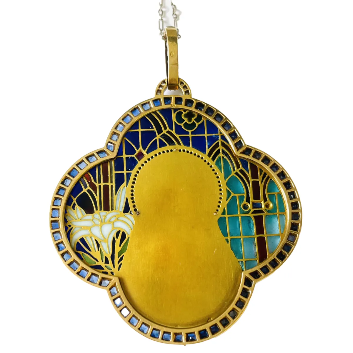Art Nouveau 18KT Yellow Gold Enamel, Bone, Diamond, Ruby & Sapphire Plique  jour Madonna Pendant