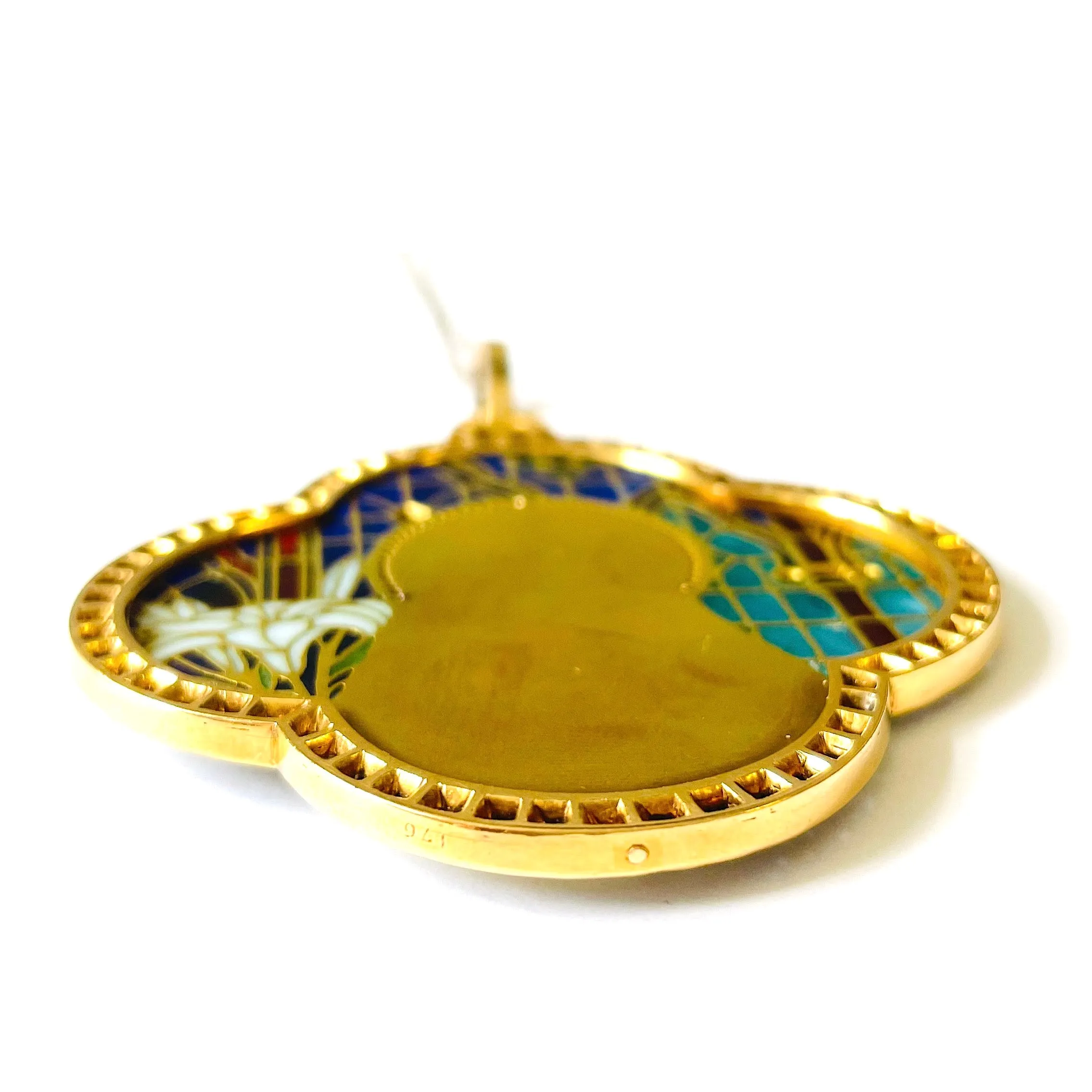Art Nouveau 18KT Yellow Gold Enamel, Bone, Diamond, Ruby & Sapphire Plique  jour Madonna Pendant