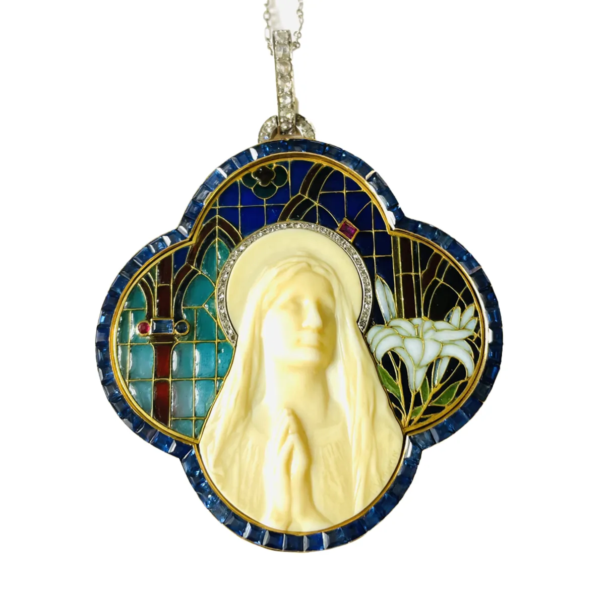 Art Nouveau 18KT Yellow Gold Enamel, Bone, Diamond, Ruby & Sapphire Plique  jour Madonna Pendant