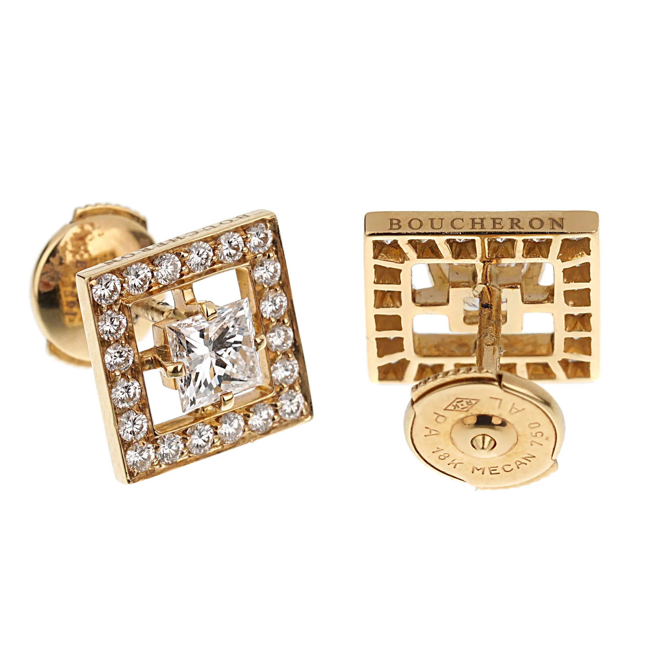 Boucheron Princess Cut Diamond Stud Yellow Gold Earrings