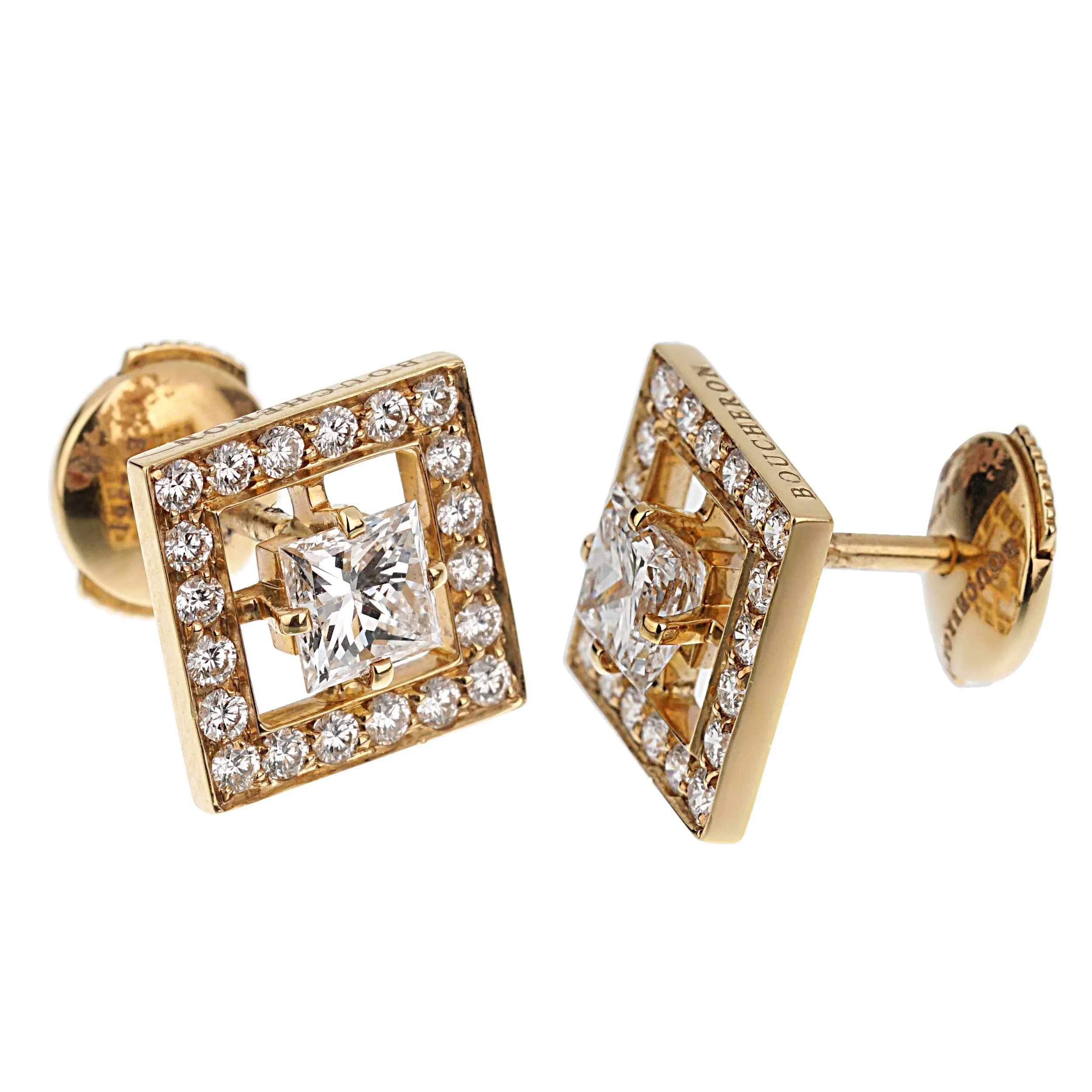 Boucheron Princess Cut Diamond Stud Yellow Gold Earrings