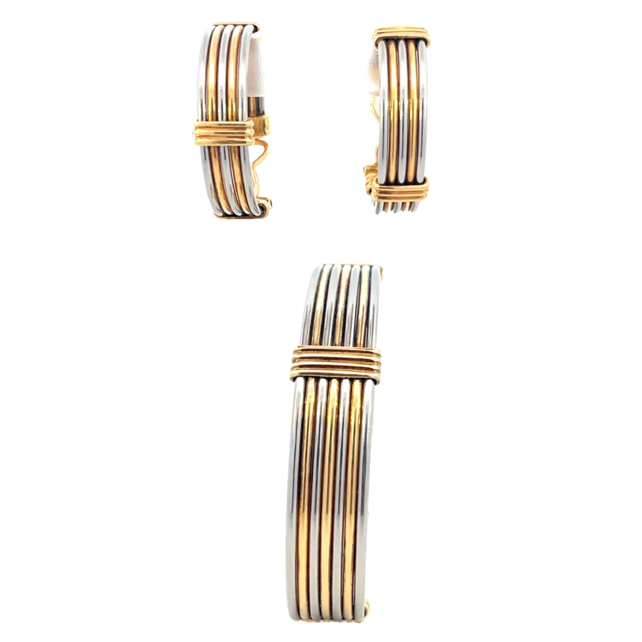Cartier 1980s 18KT Yellow Gold Stainless Steel Earring & Bangle Bracelet Set