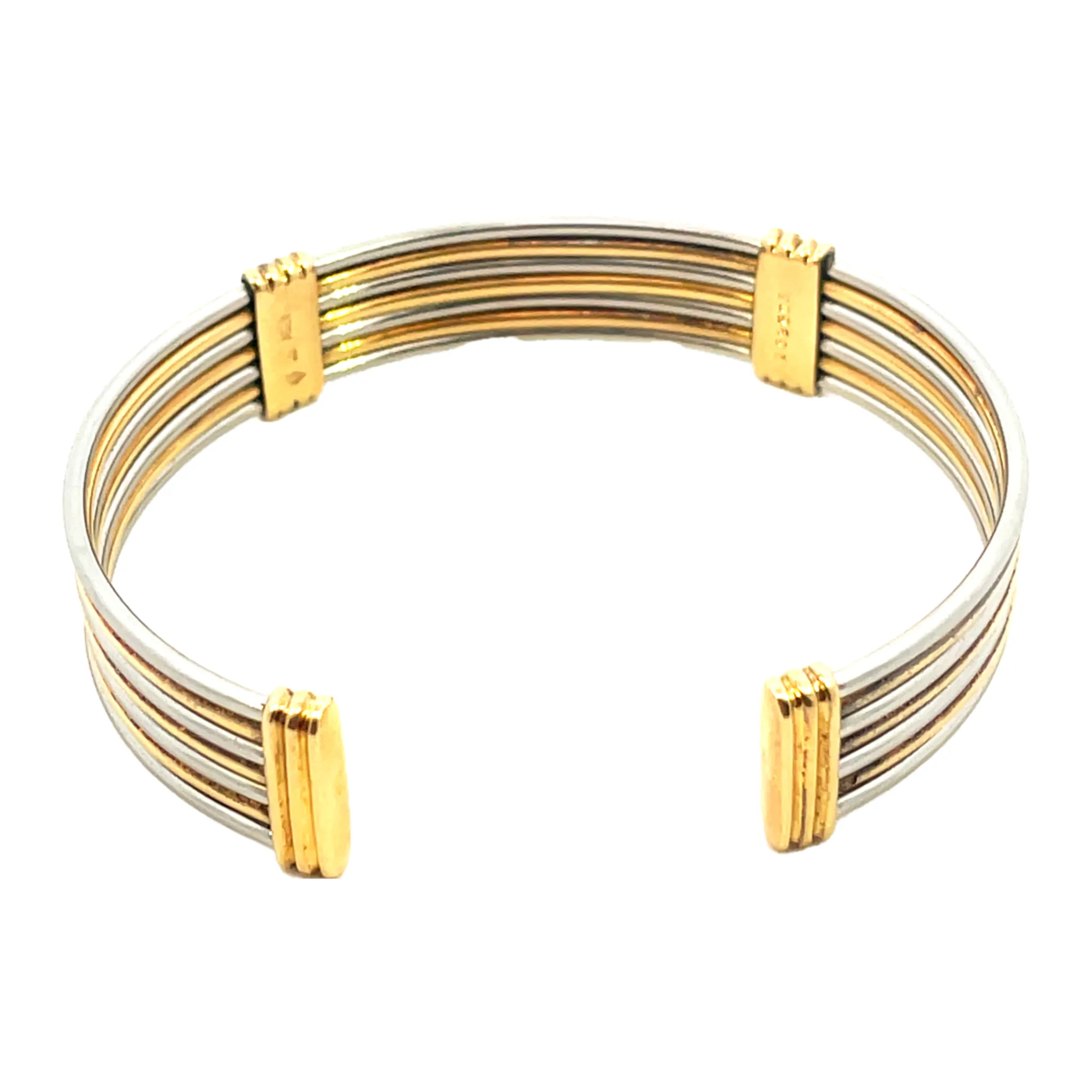 Cartier 1980s 18KT Yellow Gold Stainless Steel Earring & Bangle Bracelet Set
