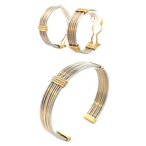 Cartier 1980s 18KT Yellow Gold Stainless Steel Earring & Bangle Bracelet Set