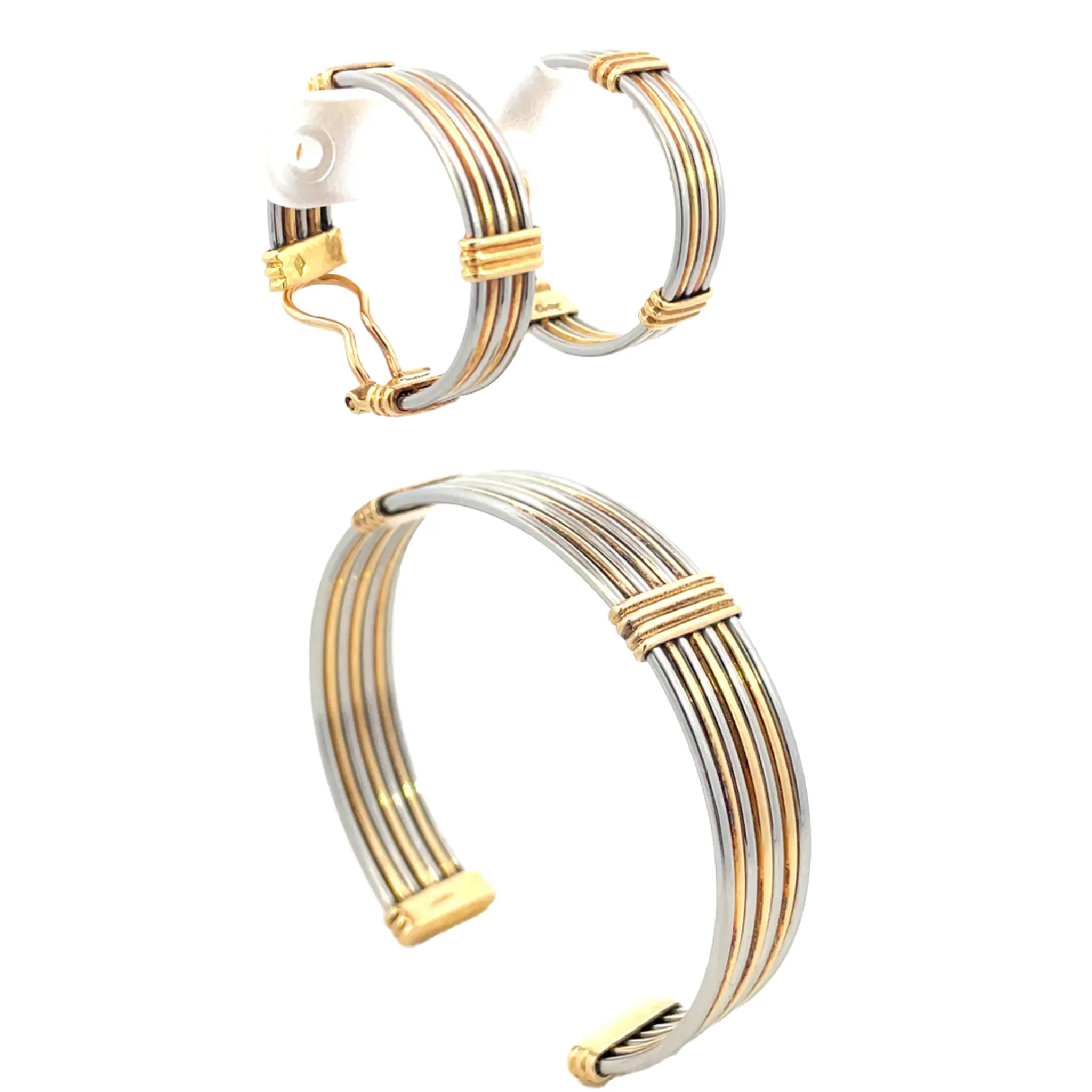 Cartier 1980s 18KT Yellow Gold Stainless Steel Earring & Bangle Bracelet Set