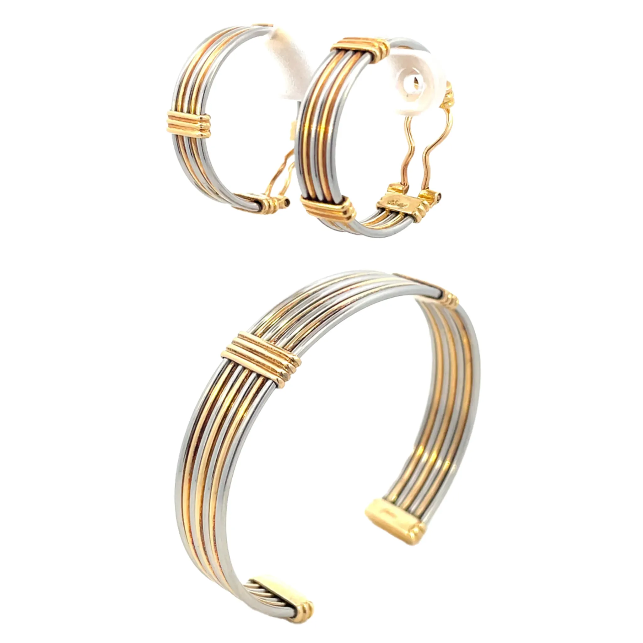 Cartier 1980s 18KT Yellow Gold Stainless Steel Earring & Bangle Bracelet Set
