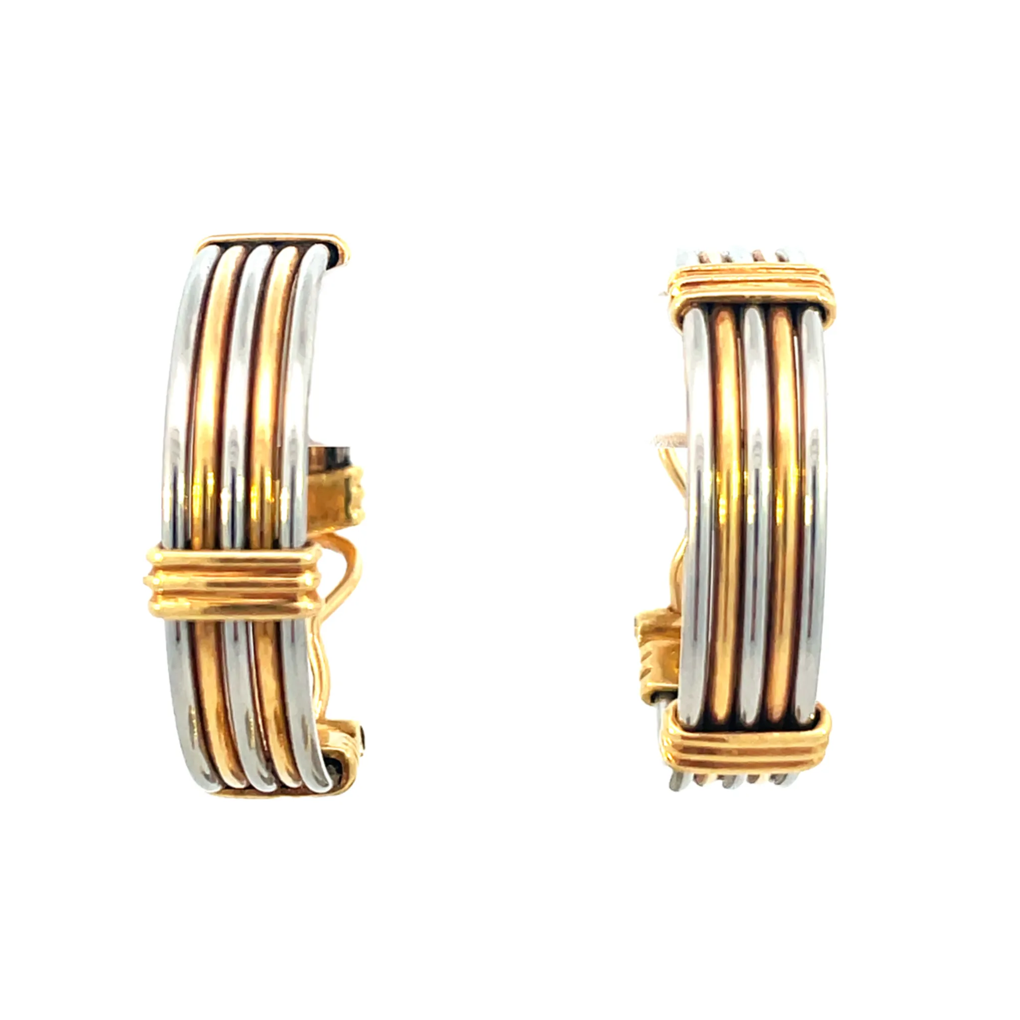 Cartier 1980s 18KT Yellow Gold Stainless Steel Earring & Bangle Bracelet Set