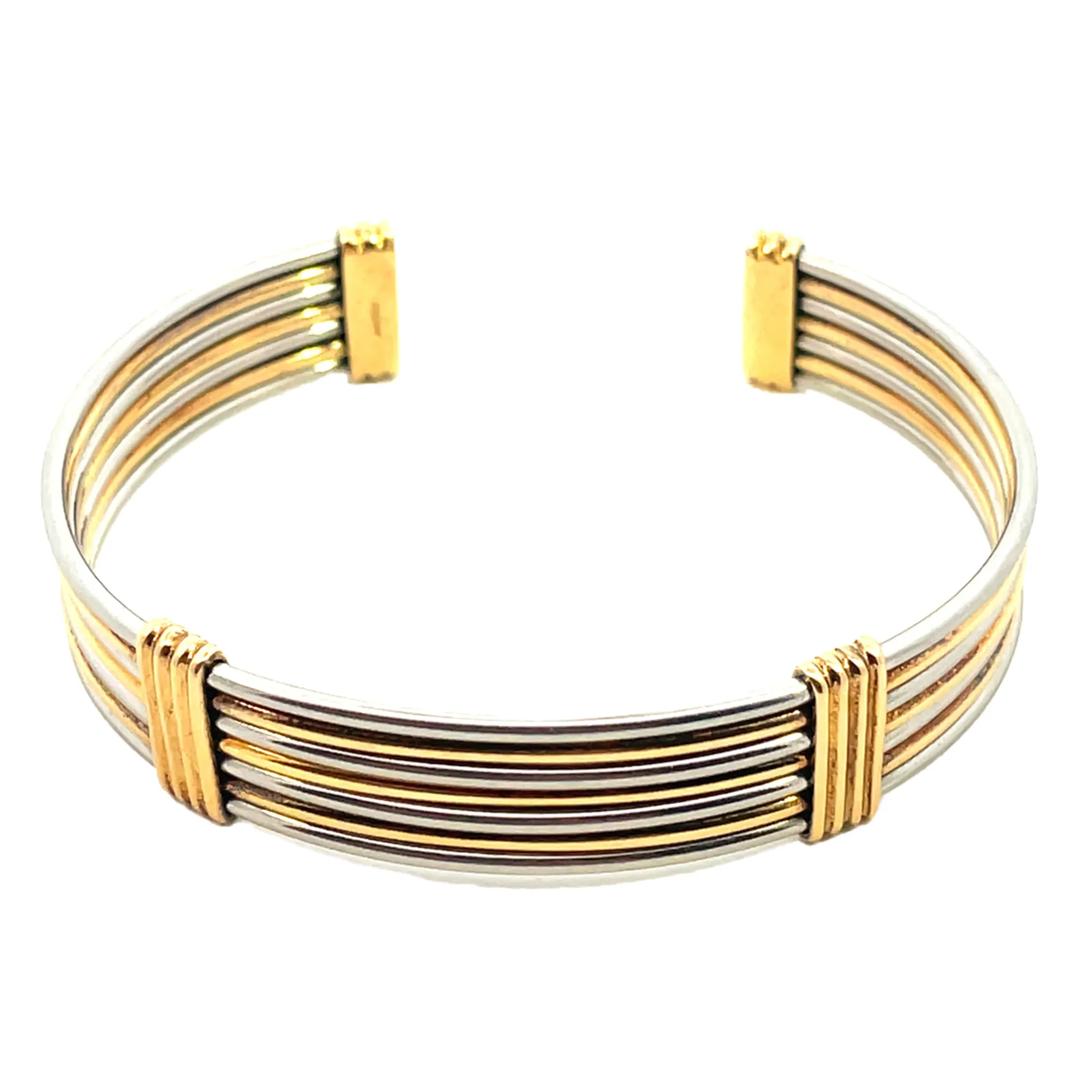 Cartier 1980s 18KT Yellow Gold Stainless Steel Earring & Bangle Bracelet Set