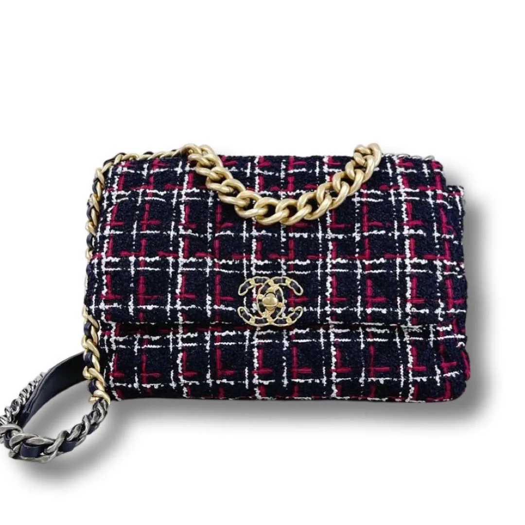 Chanel 19 Navy, Red Tweed Mixed Hardware - Large