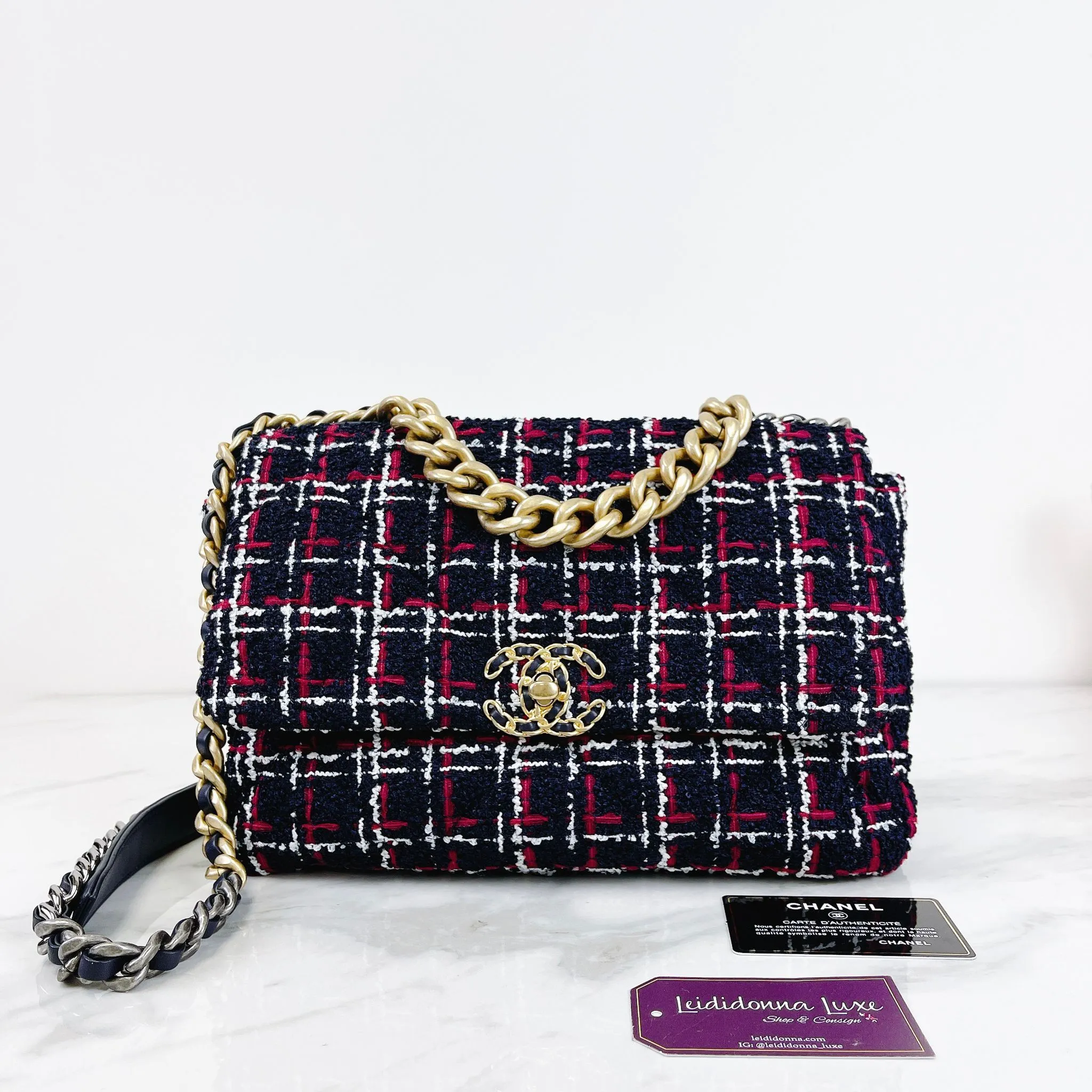 Chanel 19 Navy, Red Tweed Mixed Hardware - Large