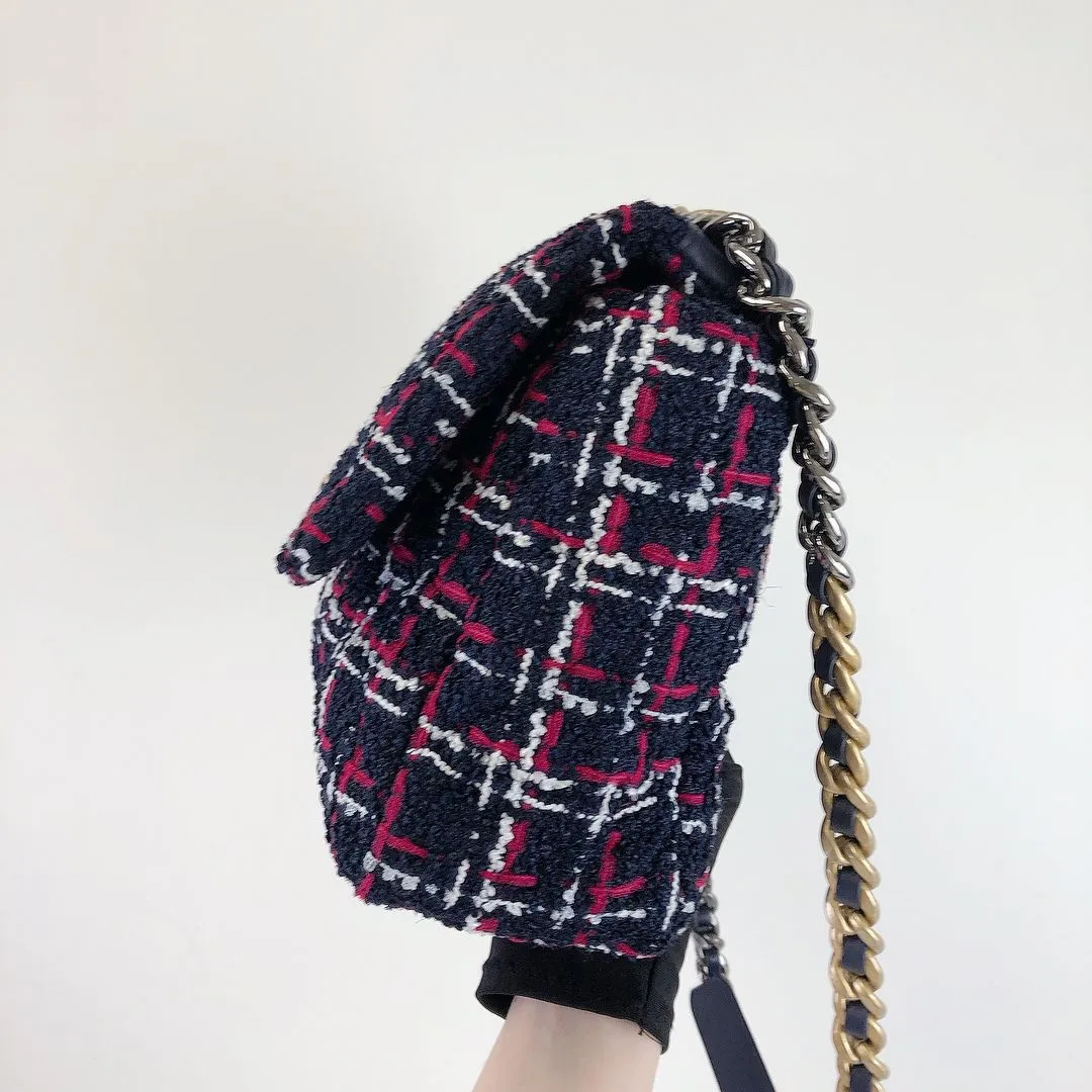 Chanel 19 Navy, Red Tweed Mixed Hardware - Large