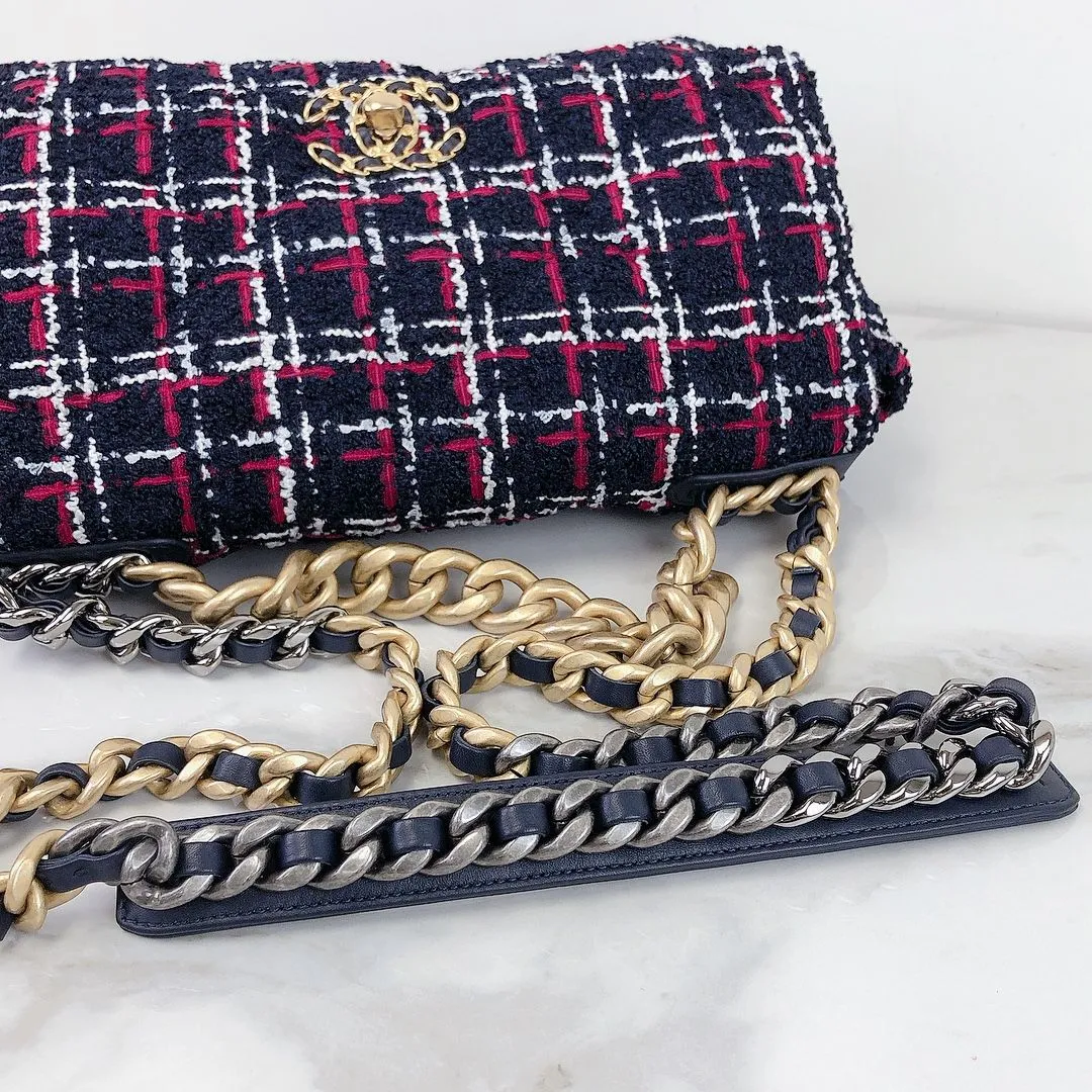 Chanel 19 Navy, Red Tweed Mixed Hardware - Large