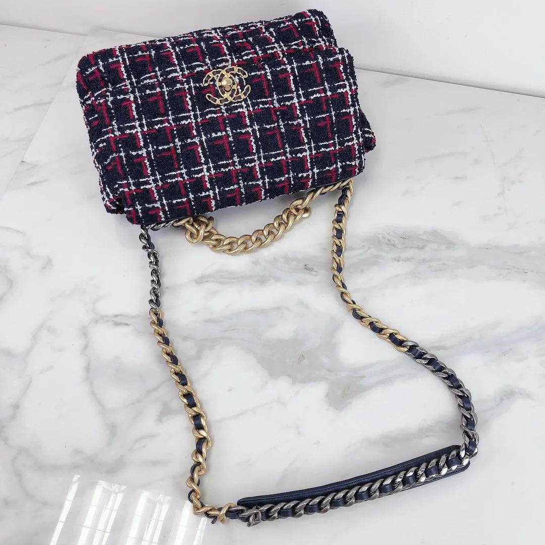 Chanel 19 Navy, Red Tweed Mixed Hardware - Large