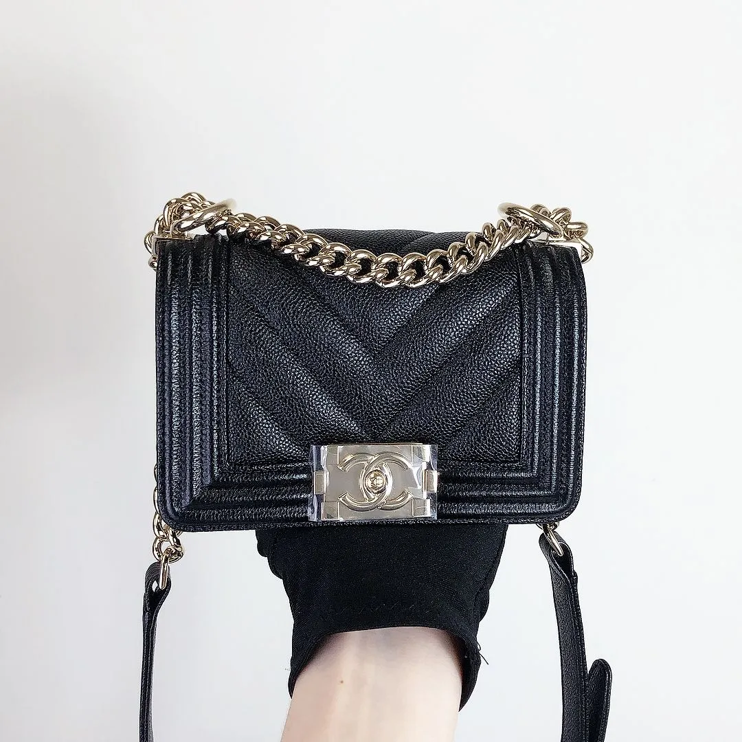 Chanel LeBoy Mini Chevron Black Caviar/Grained Calfskin Gold-tone Hardware
