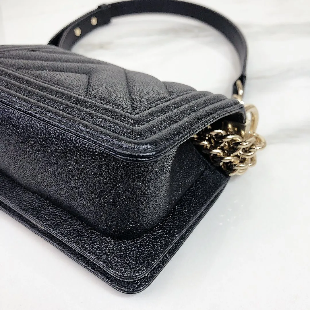 Chanel LeBoy Mini Chevron Black Caviar/Grained Calfskin Gold-tone Hardware