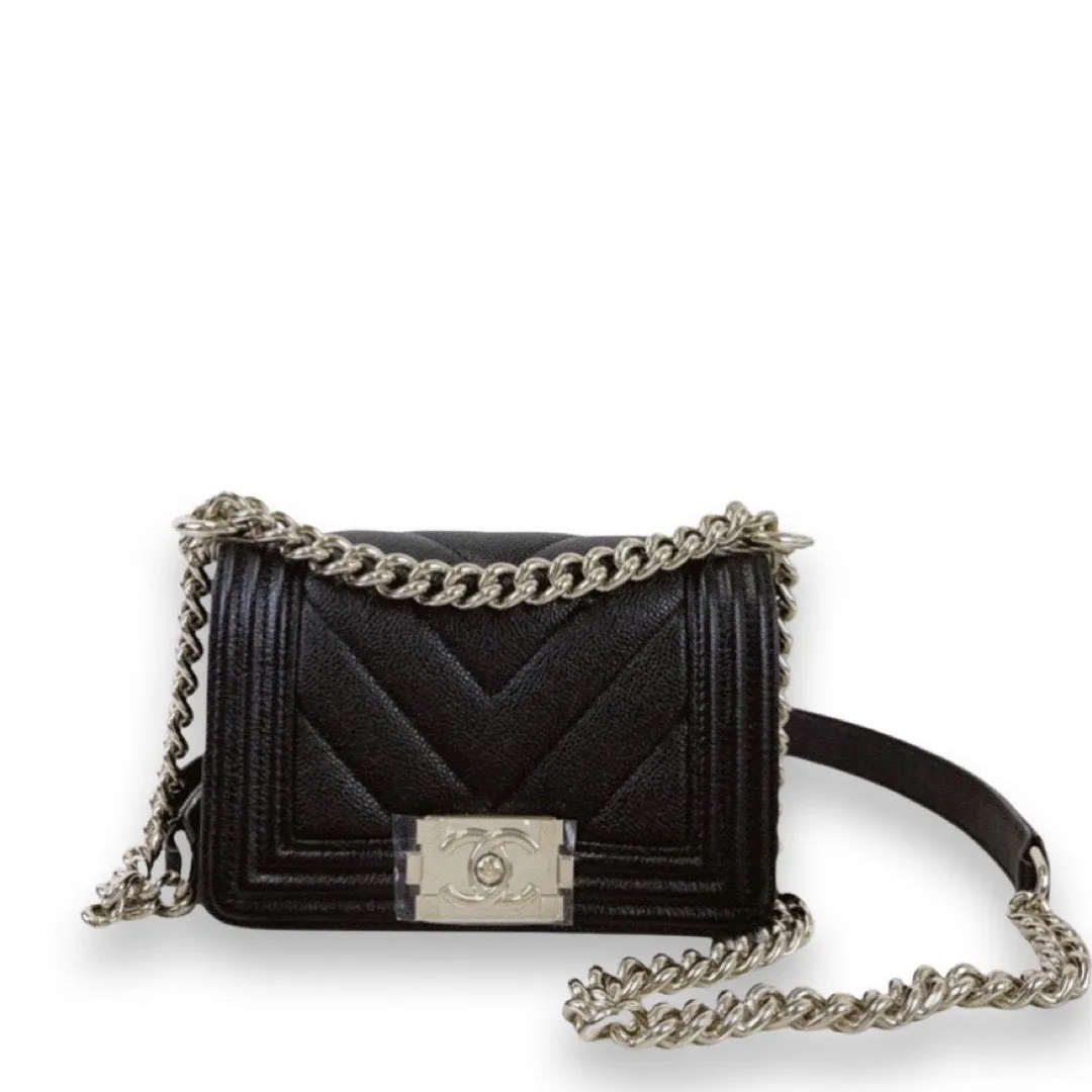 Chanel LeBoy Mini Chevron Black Caviar/Grained Calfskin Gold-tone Hardware