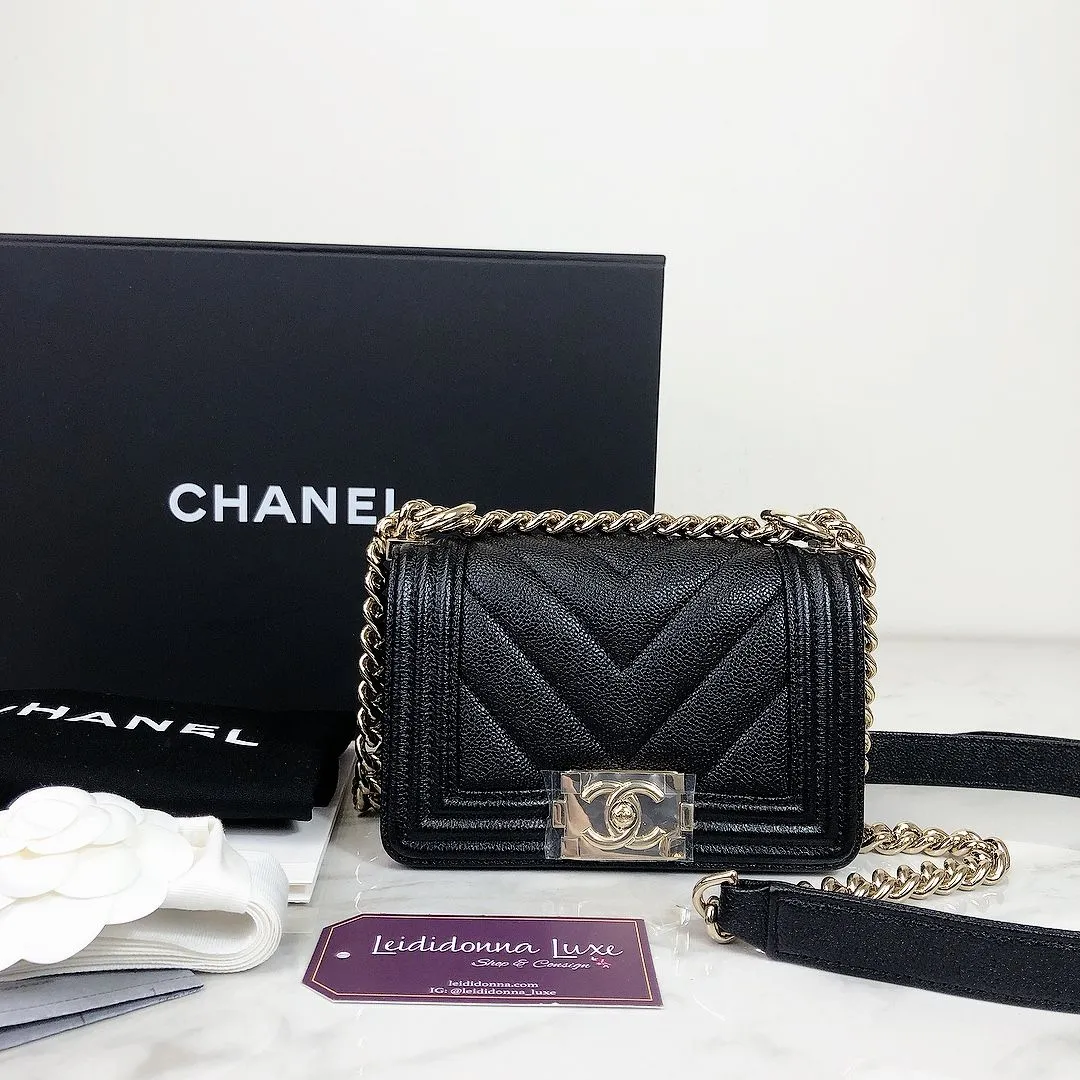 Chanel LeBoy Mini Chevron Black Caviar/Grained Calfskin Gold-tone Hardware