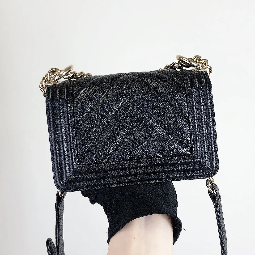Chanel LeBoy Mini Chevron Black Caviar/Grained Calfskin Gold-tone Hardware