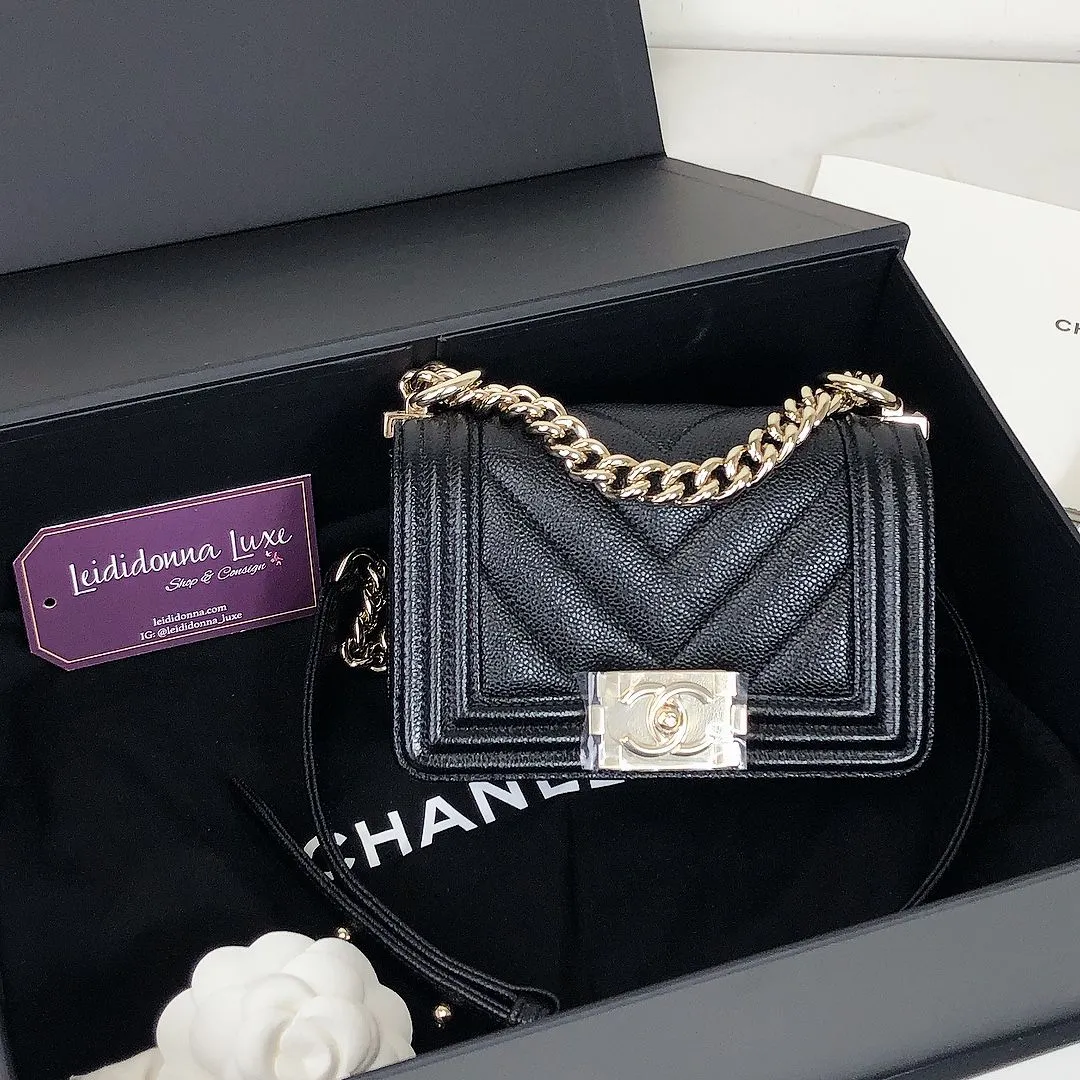 Chanel LeBoy Mini Chevron Black Caviar/Grained Calfskin Gold-tone Hardware