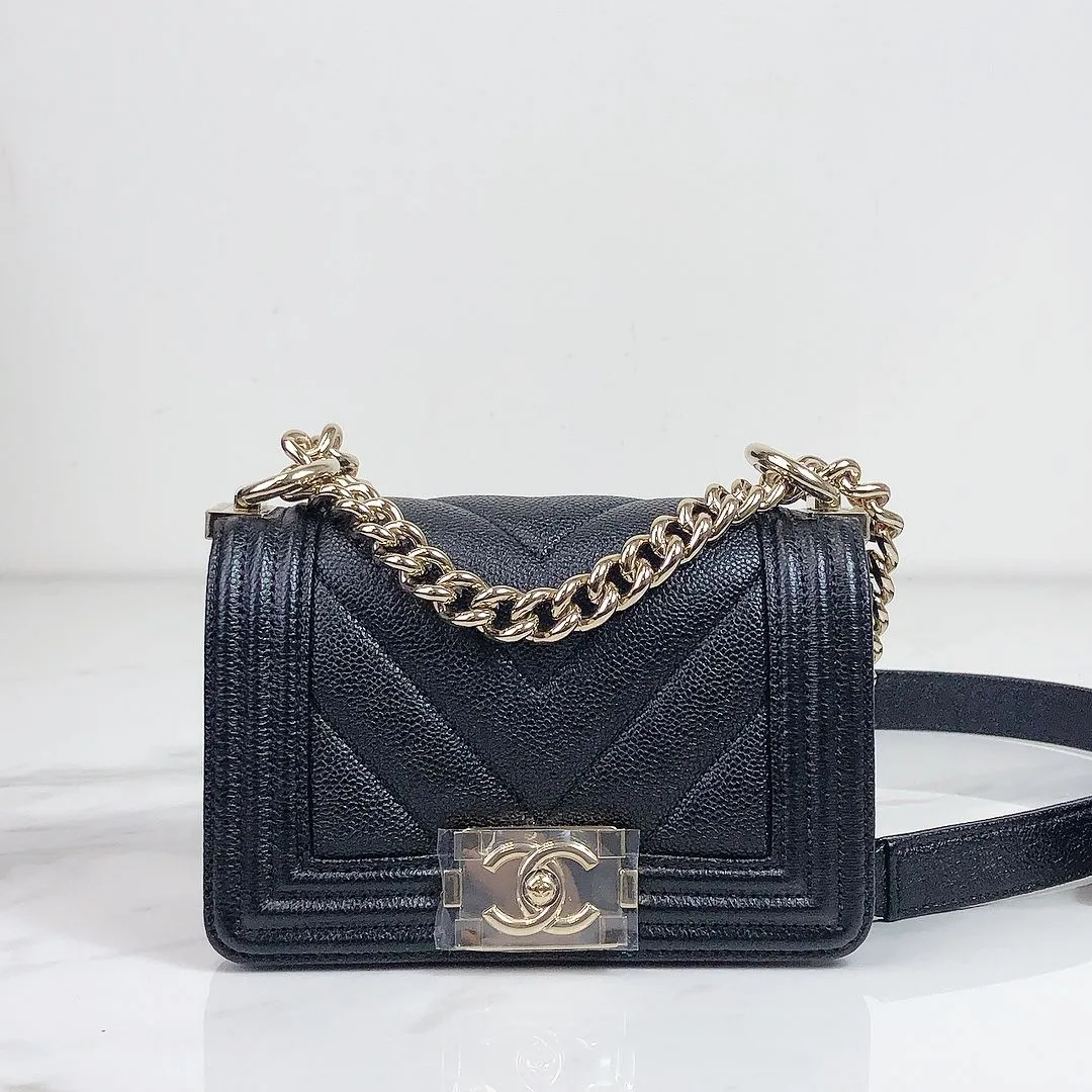 Chanel LeBoy Mini Chevron Black Caviar/Grained Calfskin Gold-tone Hardware