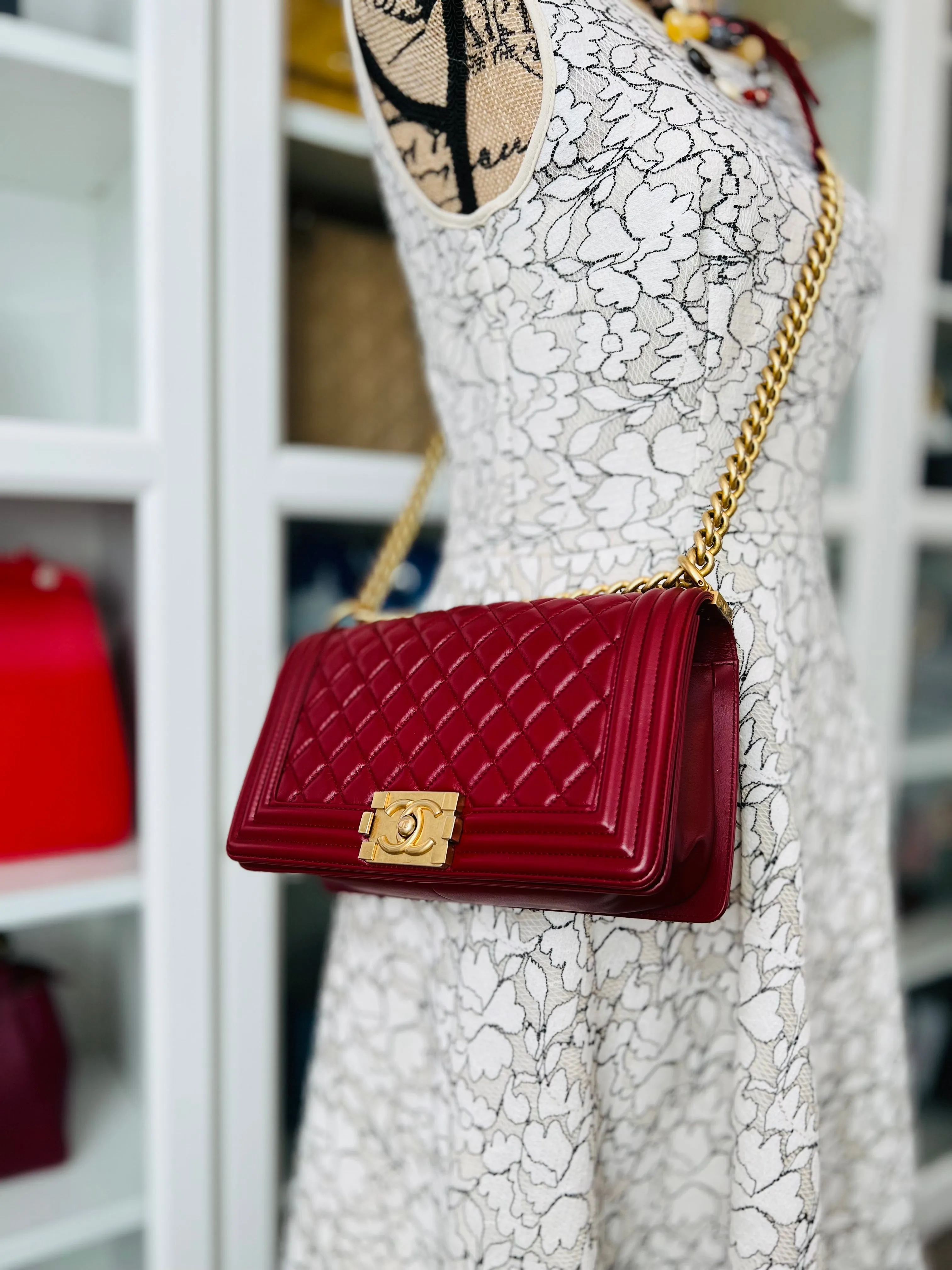 Chanel LeBoy Old Medium Dark Red Calfskin, Aged Gold-tone Hardware