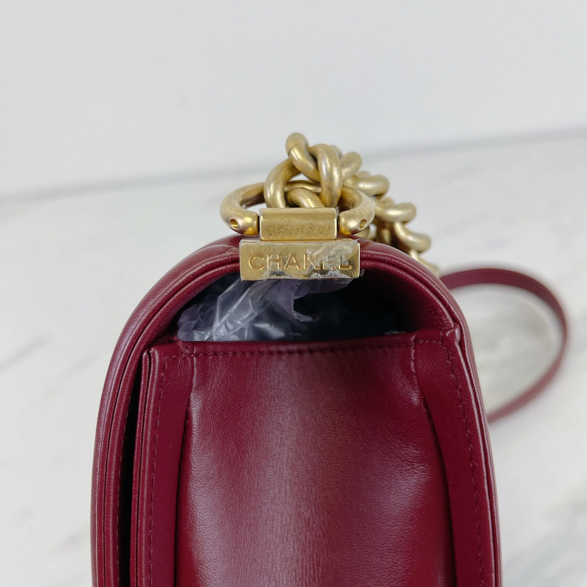 Chanel LeBoy Old Medium Dark Red Calfskin, Aged Gold-tone Hardware