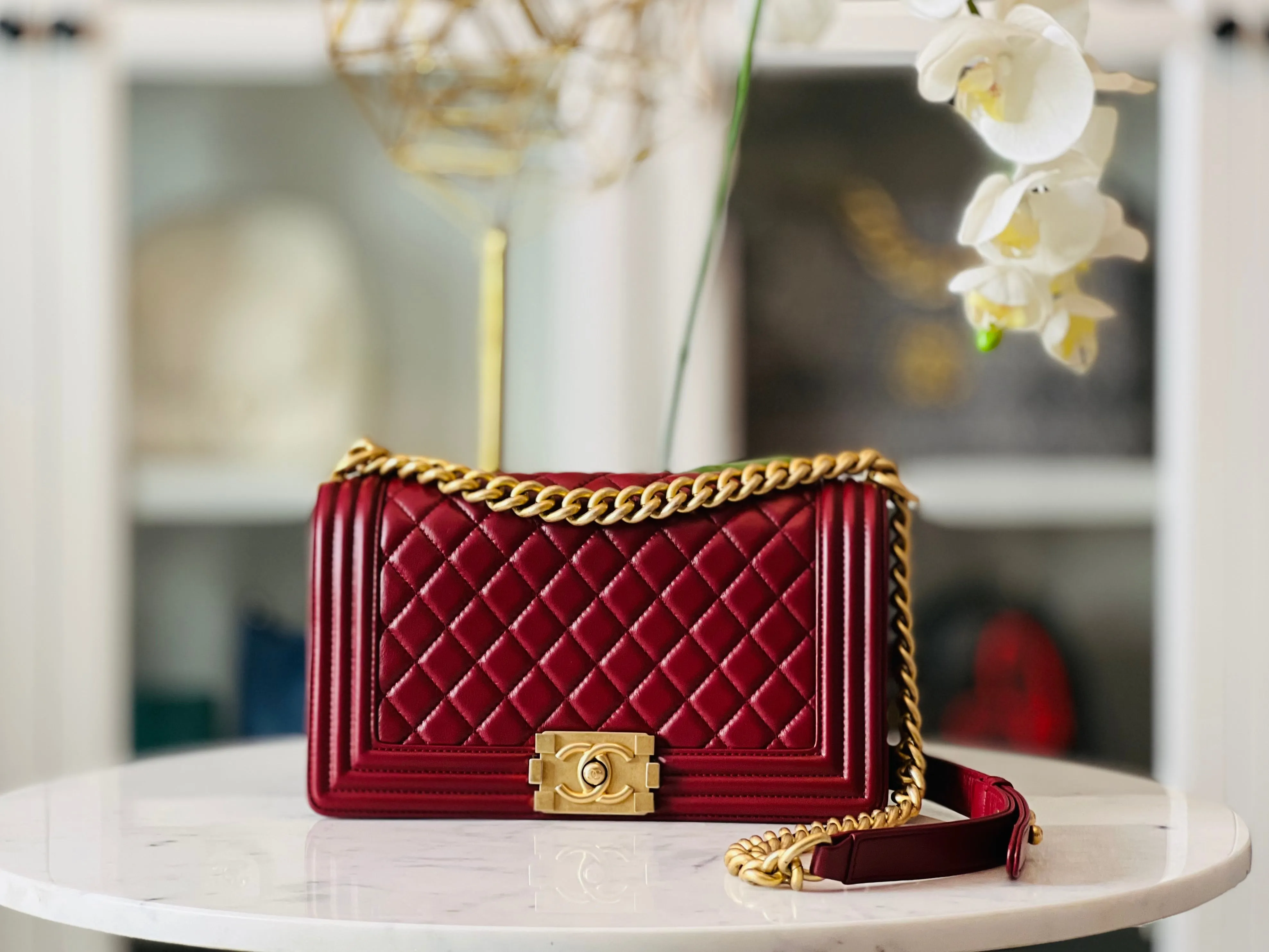 Chanel LeBoy Old Medium Dark Red Calfskin, Aged Gold-tone Hardware