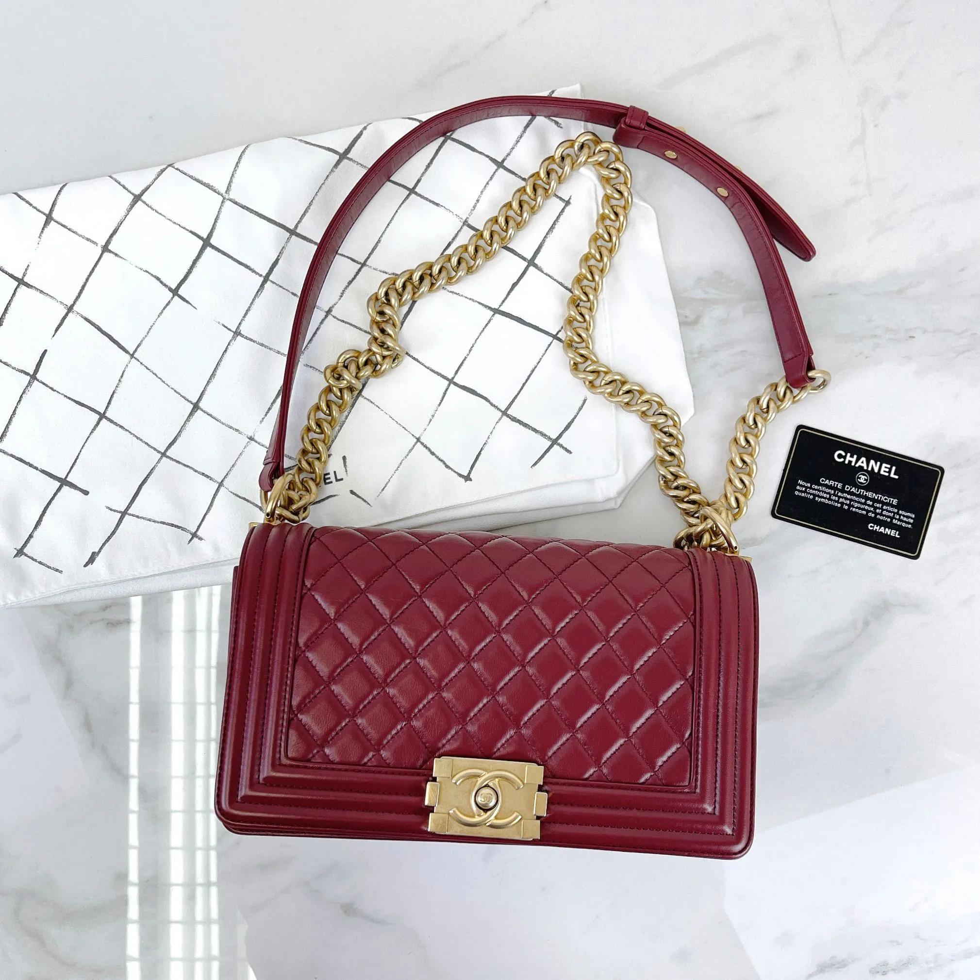 Chanel LeBoy Old Medium Dark Red Calfskin, Aged Gold-tone Hardware