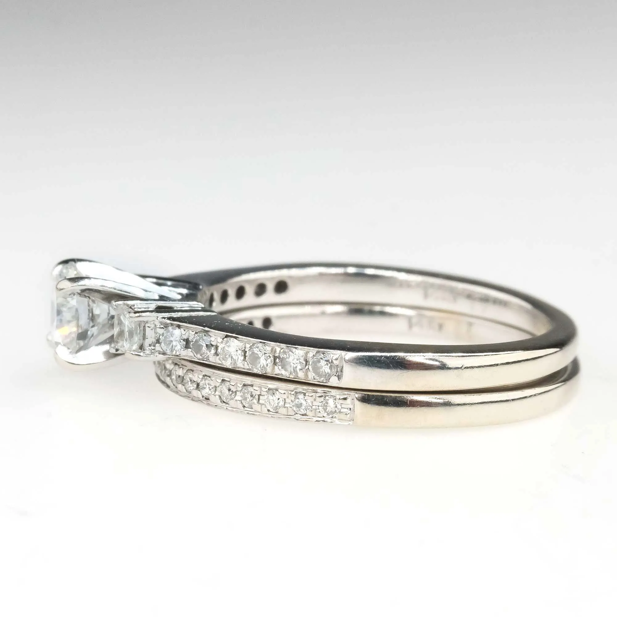 Diamond Three Stone Engagement Ring & Wedding Ring Bridal Set in 14K White Gold