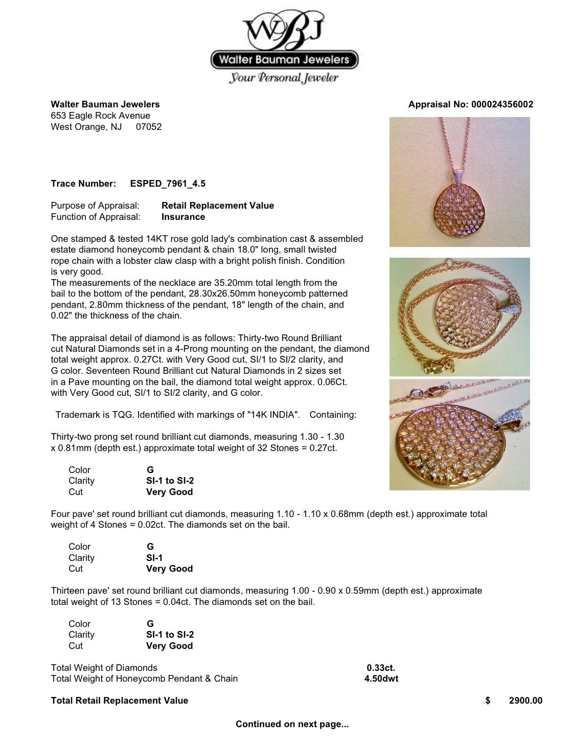 Estate 14K R Gold 0.33ctw Diamond Honeycomb Pendant