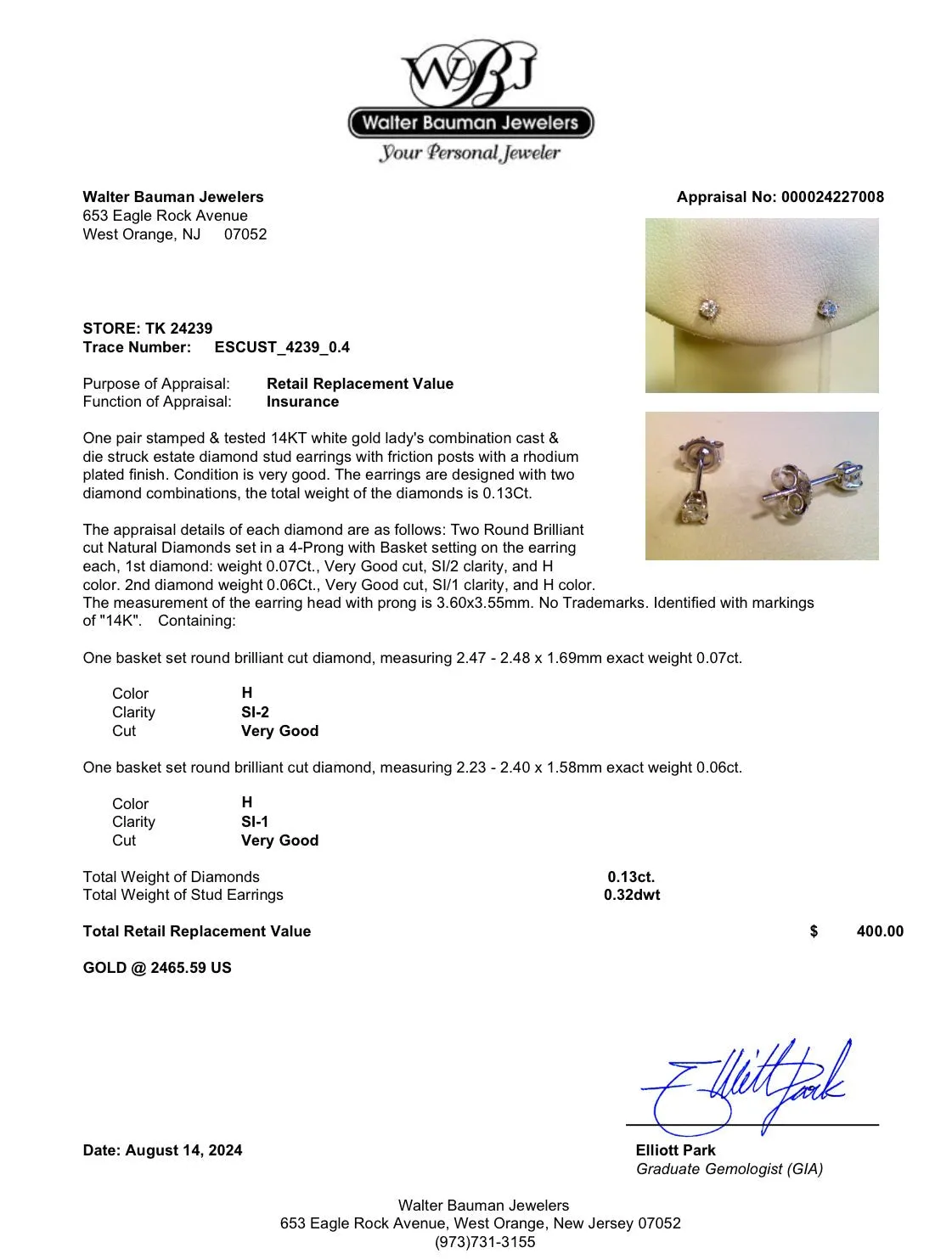 Estate 14K W Gold 0.13ctw H/SI1-2 Diamond Stud Earrings