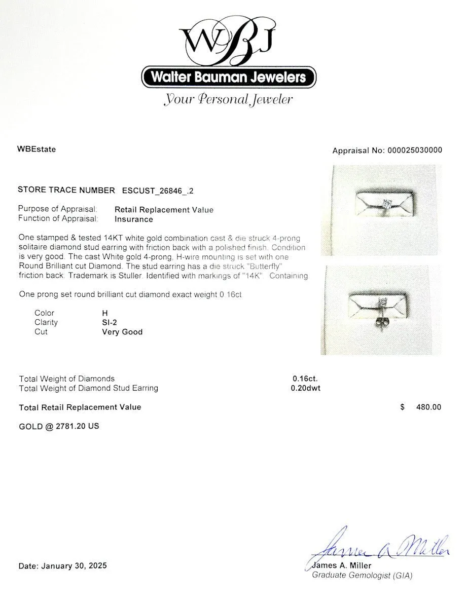 Estate 14K W Gold 0.16ct H/SI2 Diamond Single Stud Earring