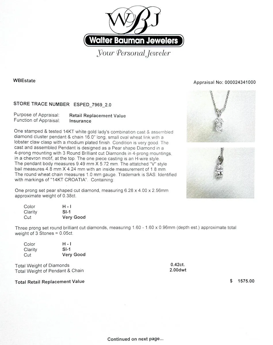 Estate 14K W Gold 0.42ctw H-I/SI1 Diamond Pendant